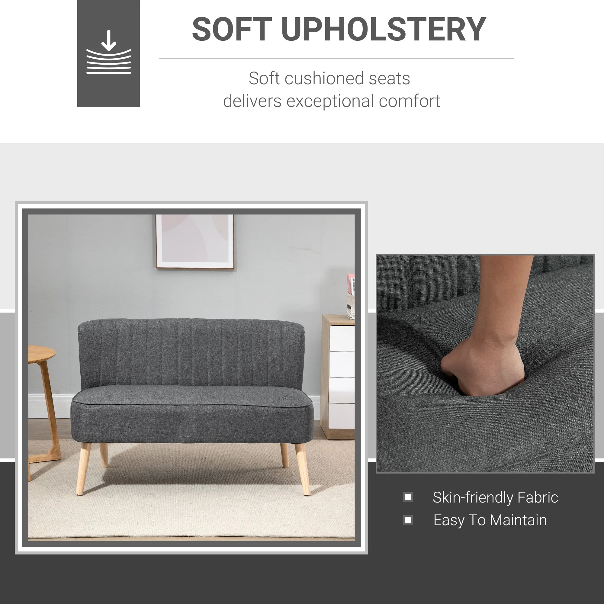 Modern Double Seat Sofa Loveseat Couch 2 Seater Compact Sofa Padded Linen Wood Leg Dark Grey - Image 5