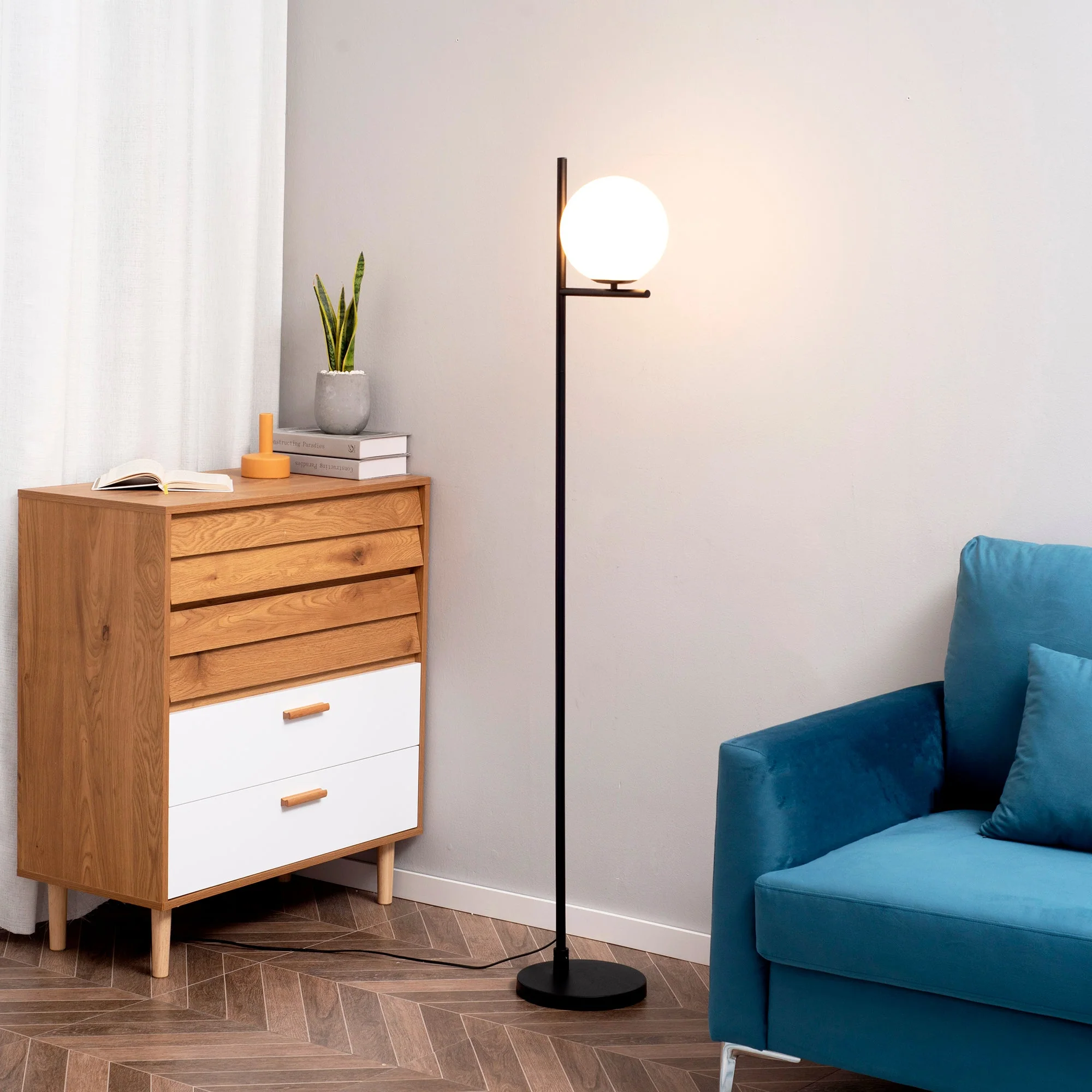 Modern Floor Lamp Metal Frame Sphere Light w/ Pedal Switch - Image 2