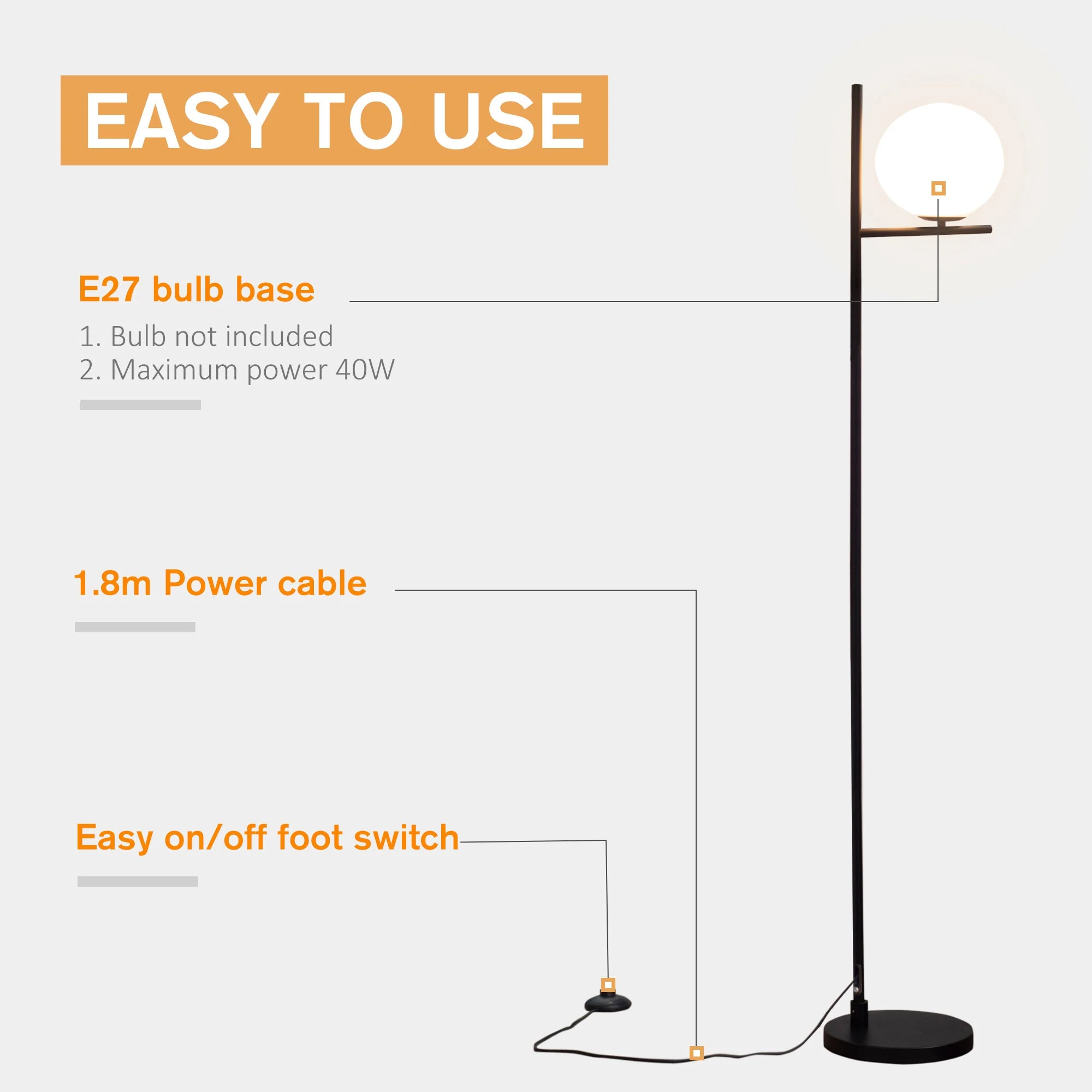 Modern Floor Lamp Metal Frame Sphere Light w/ Pedal Switch - Image 6