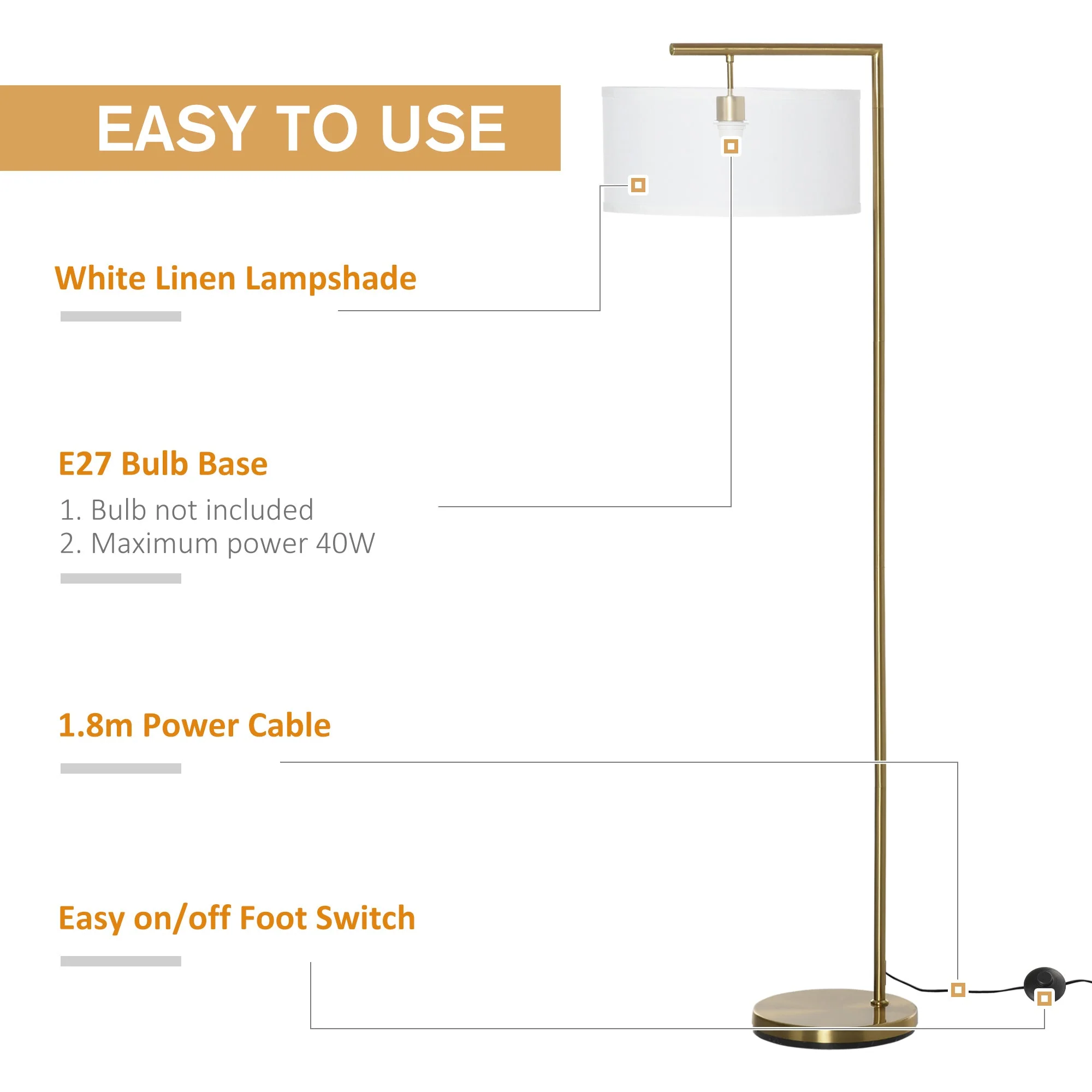 Modern Floor Lamp Tall Pole Light with Linen Shade E27 Holder for Home Office - Image 6