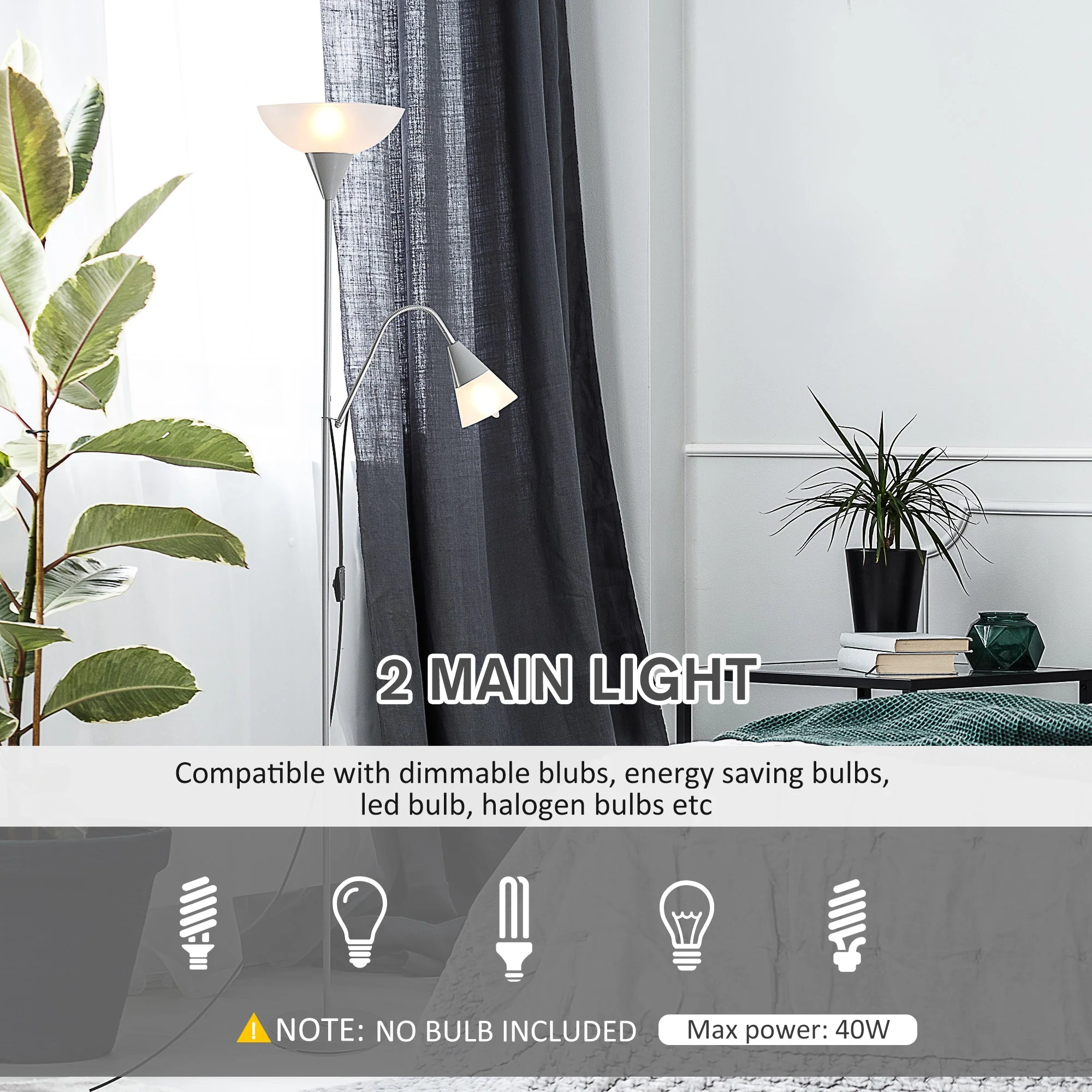 Modern Floor Reading Lamp 2 Adjustable Heads Light Steel Base Living Room Bedroom Office - Image 4