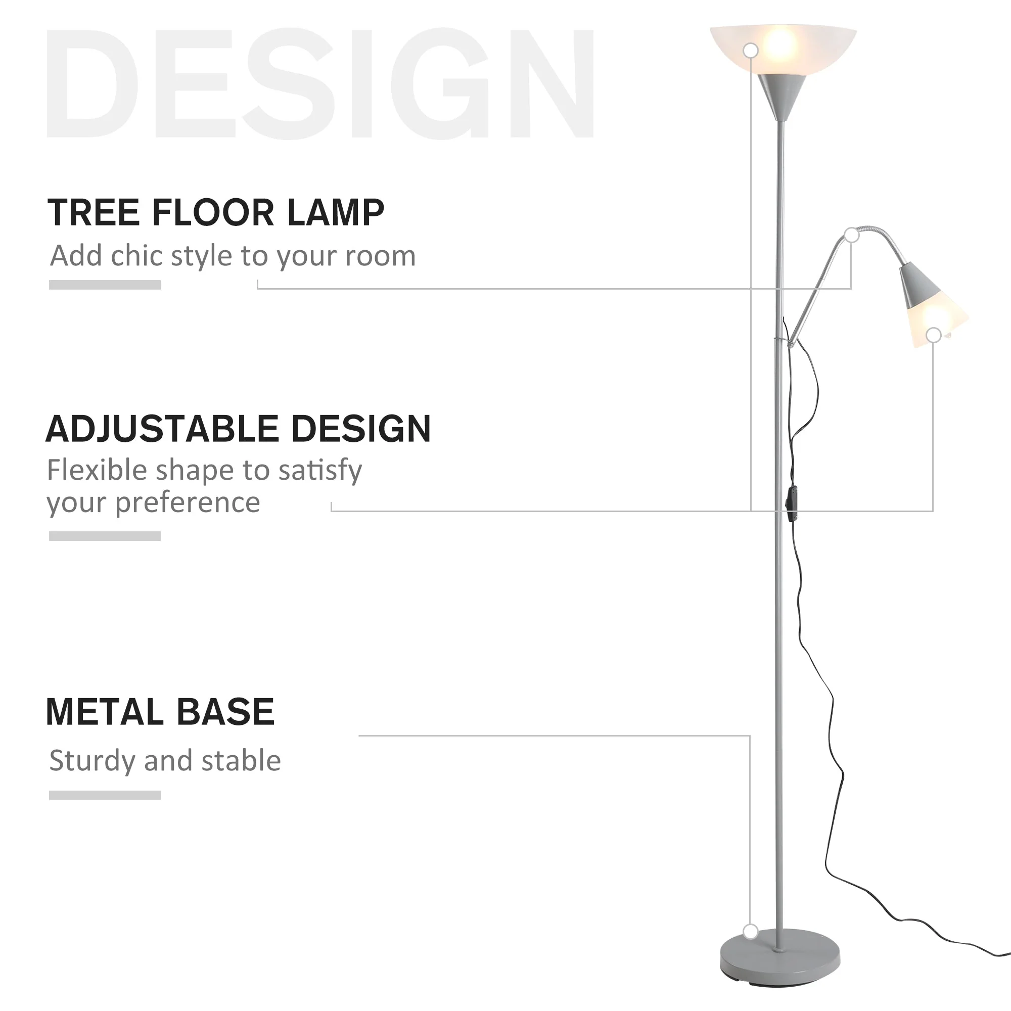 Modern Floor Reading Lamp 2 Adjustable Heads Light Steel Base Living Room Bedroom Office - Image 5