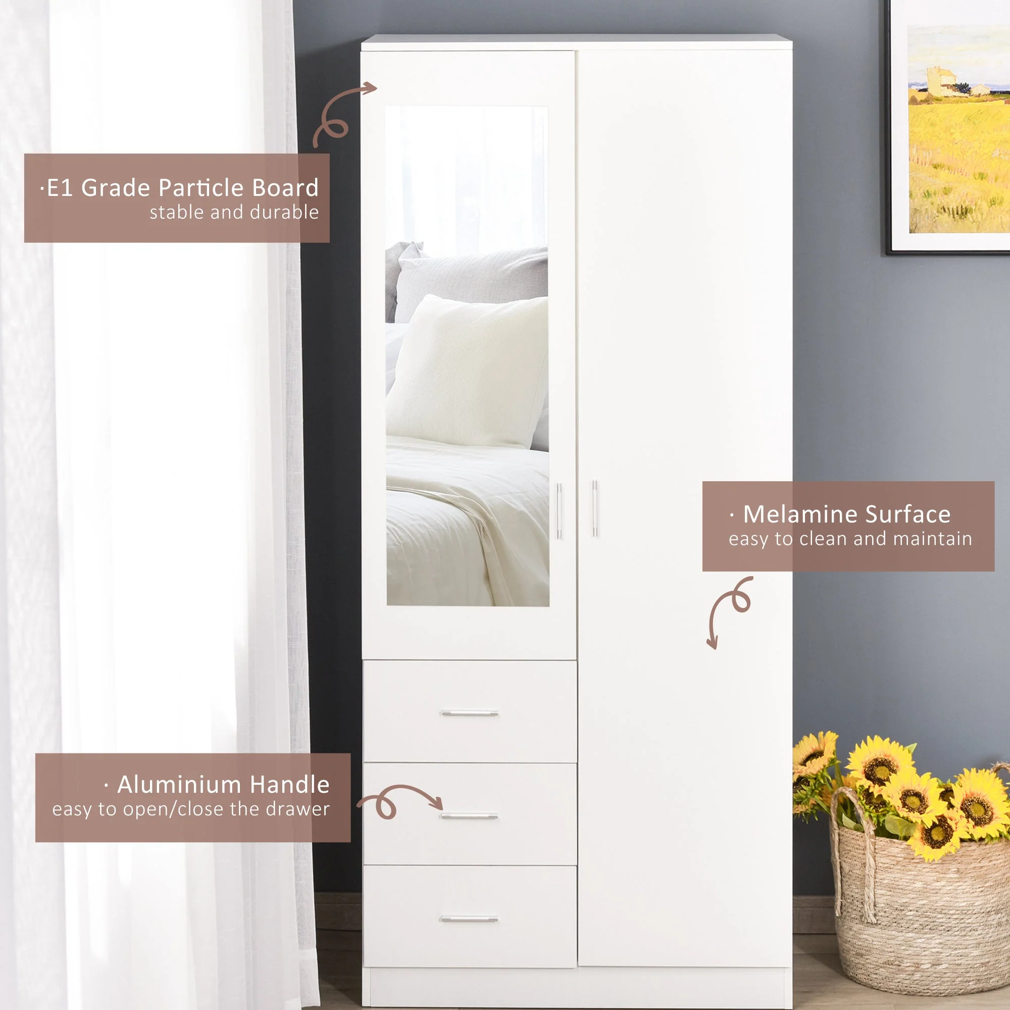 Modern Mirror Wardrobe 2 Door Storage Cupboards Home Storage Organisation Furniture with Adjustable Shelf - Image 6
