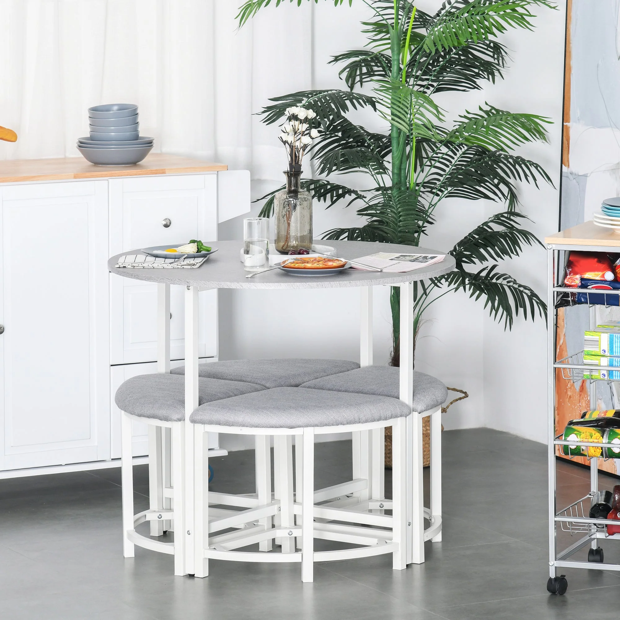 Modern Round Dining Table Set with 4 Upholstered Stools for Dining Room - Image 7