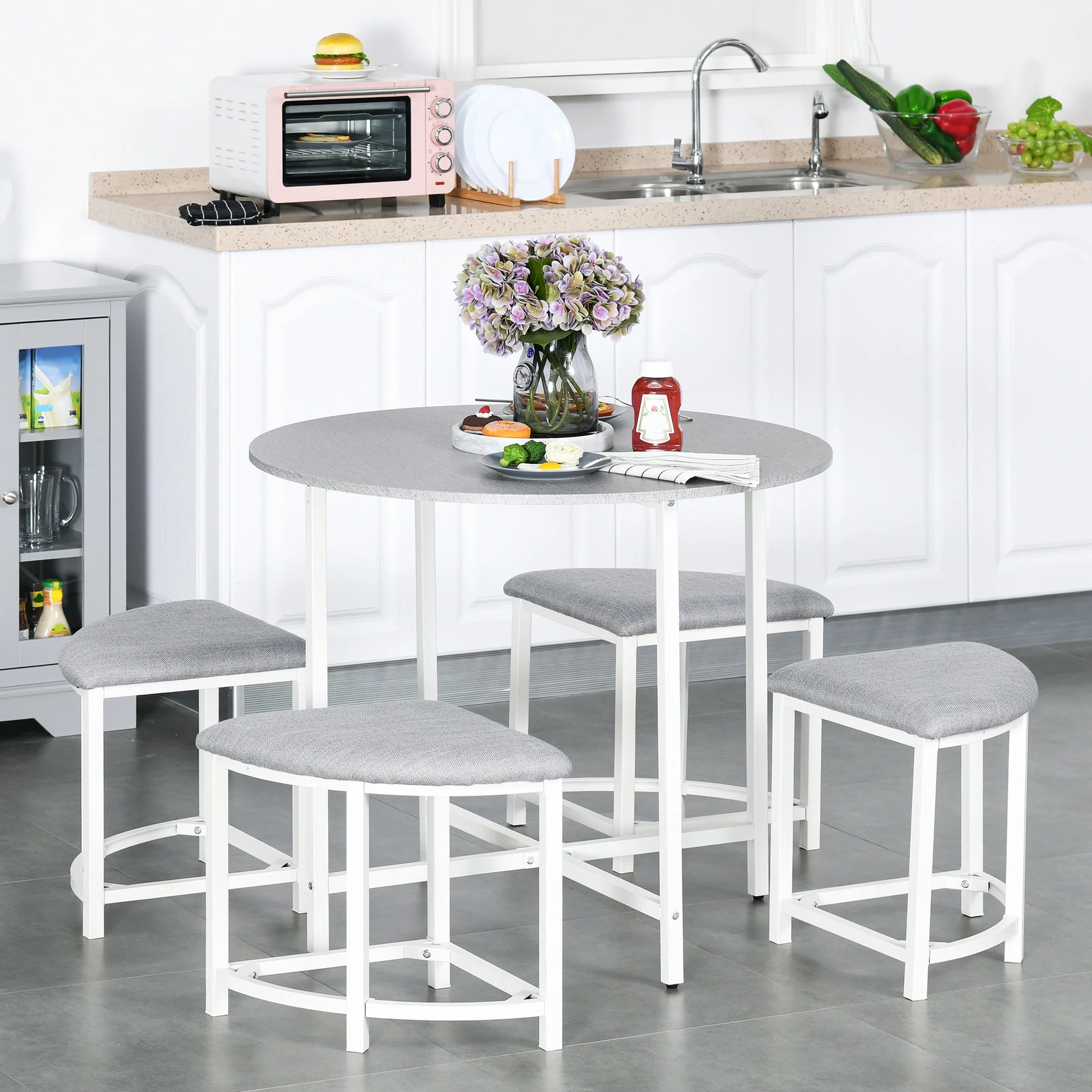 Modern Round Dining Table Set with 4 Upholstered Stools for Dining Room - Image 8