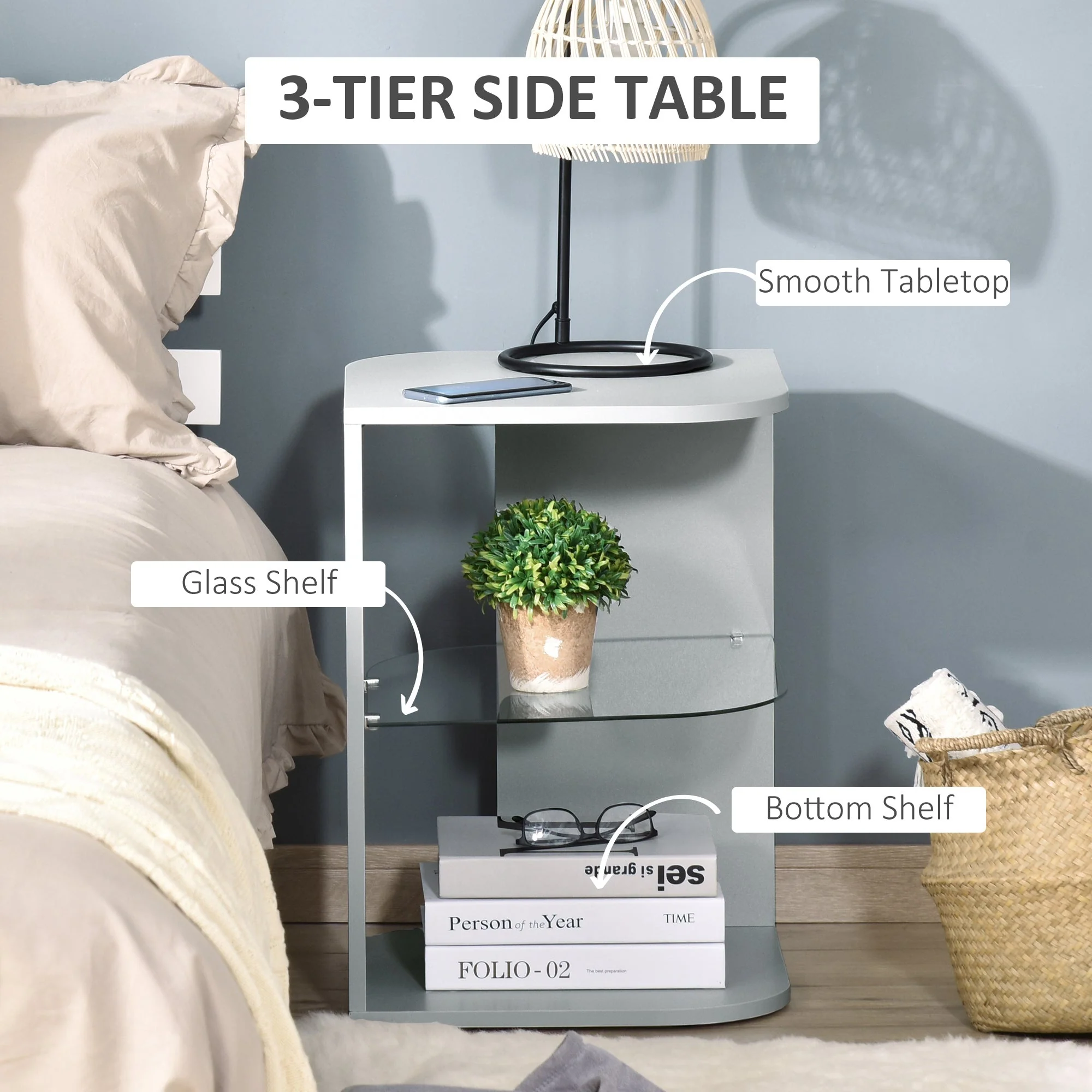 Modern Side Table Three Layer Bedside Table Nightstand with 2 Storage Shelves - Image 5