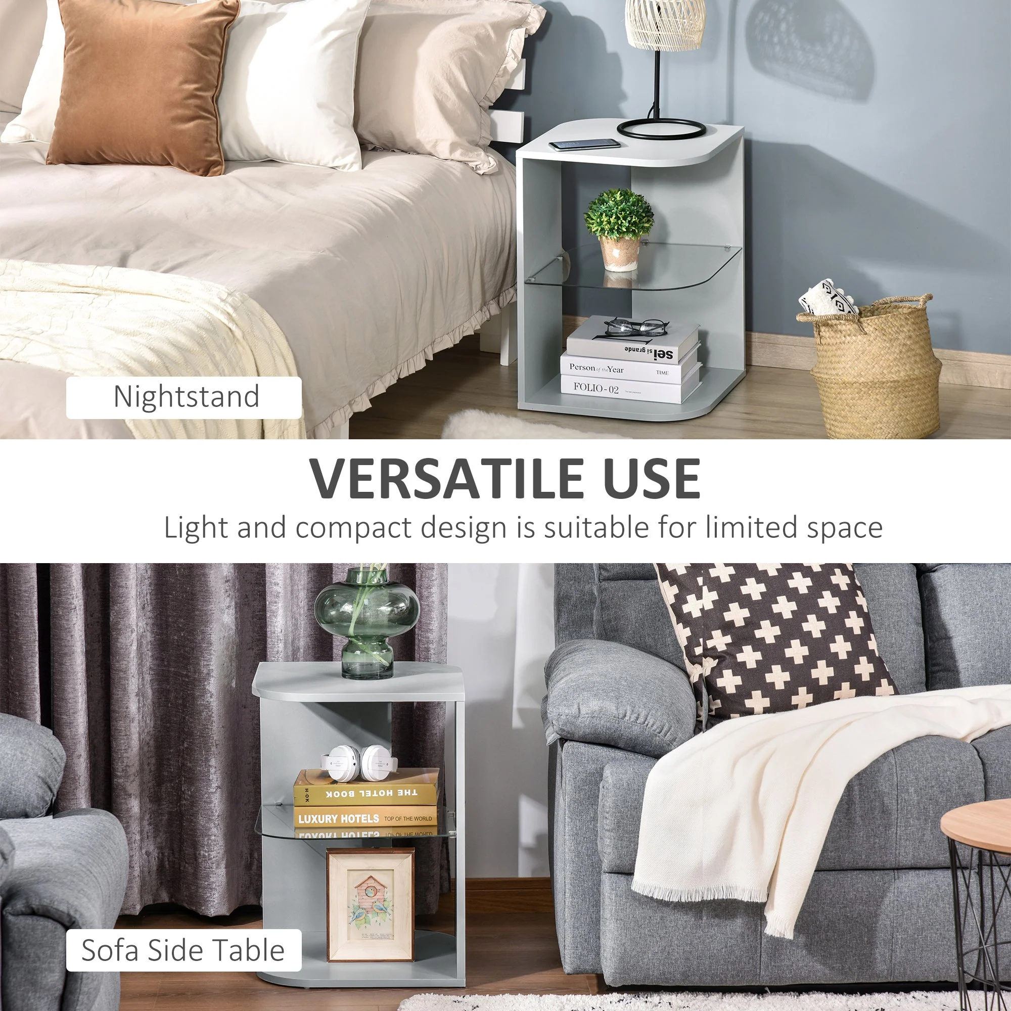 Modern Side Table Three Layer Bedside Table Nightstand with 2 Storage Shelves - Image 6