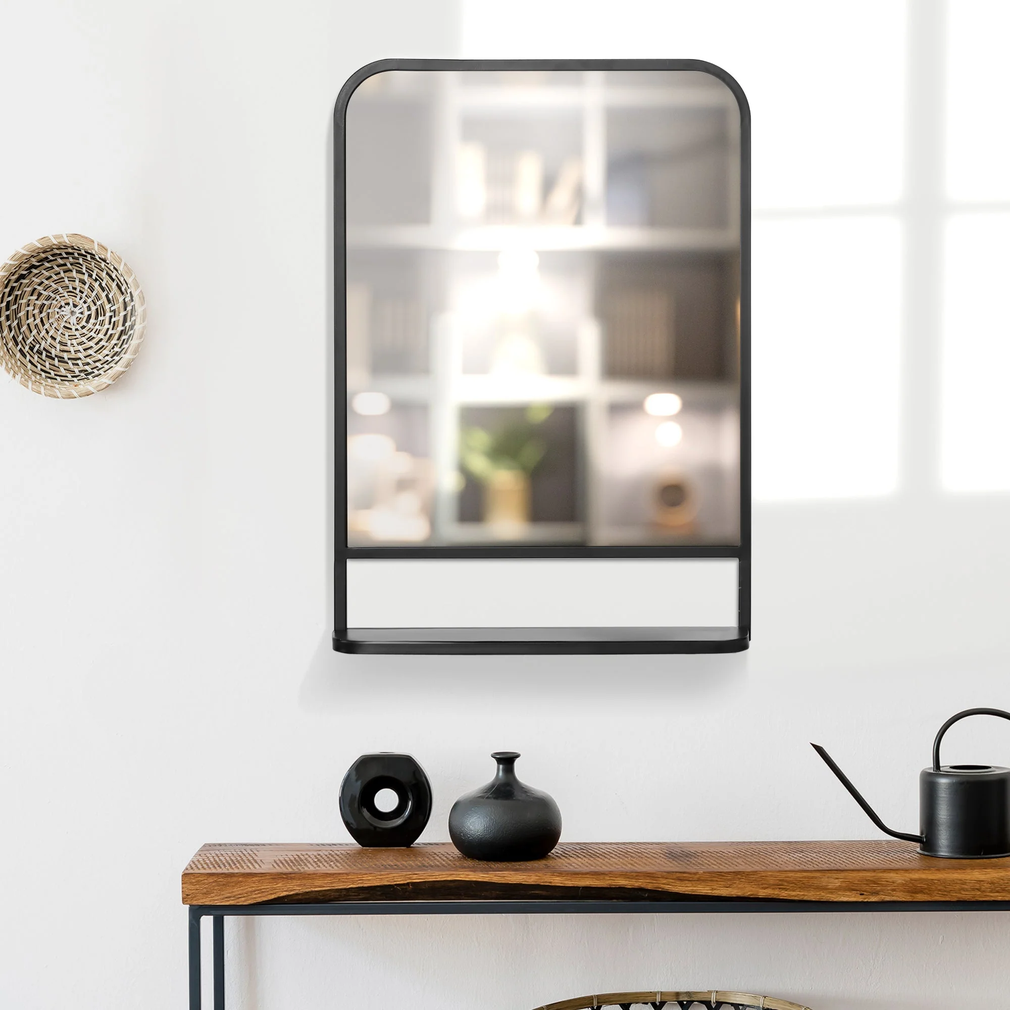 Modern Square Wall Mirror with Storage Shelf - Image 2
