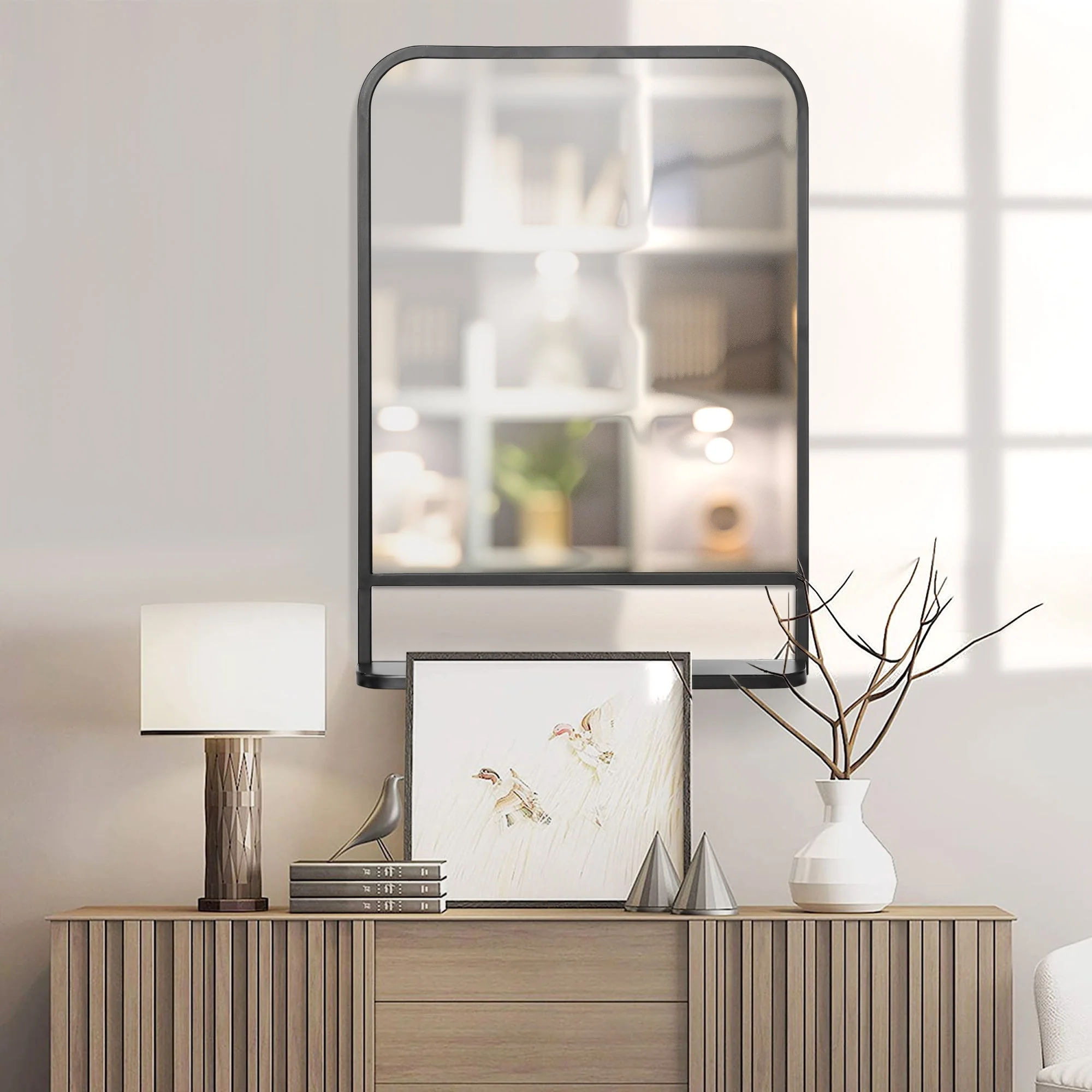 Modern Square Wall Mirror with Storage Shelf - Image 7