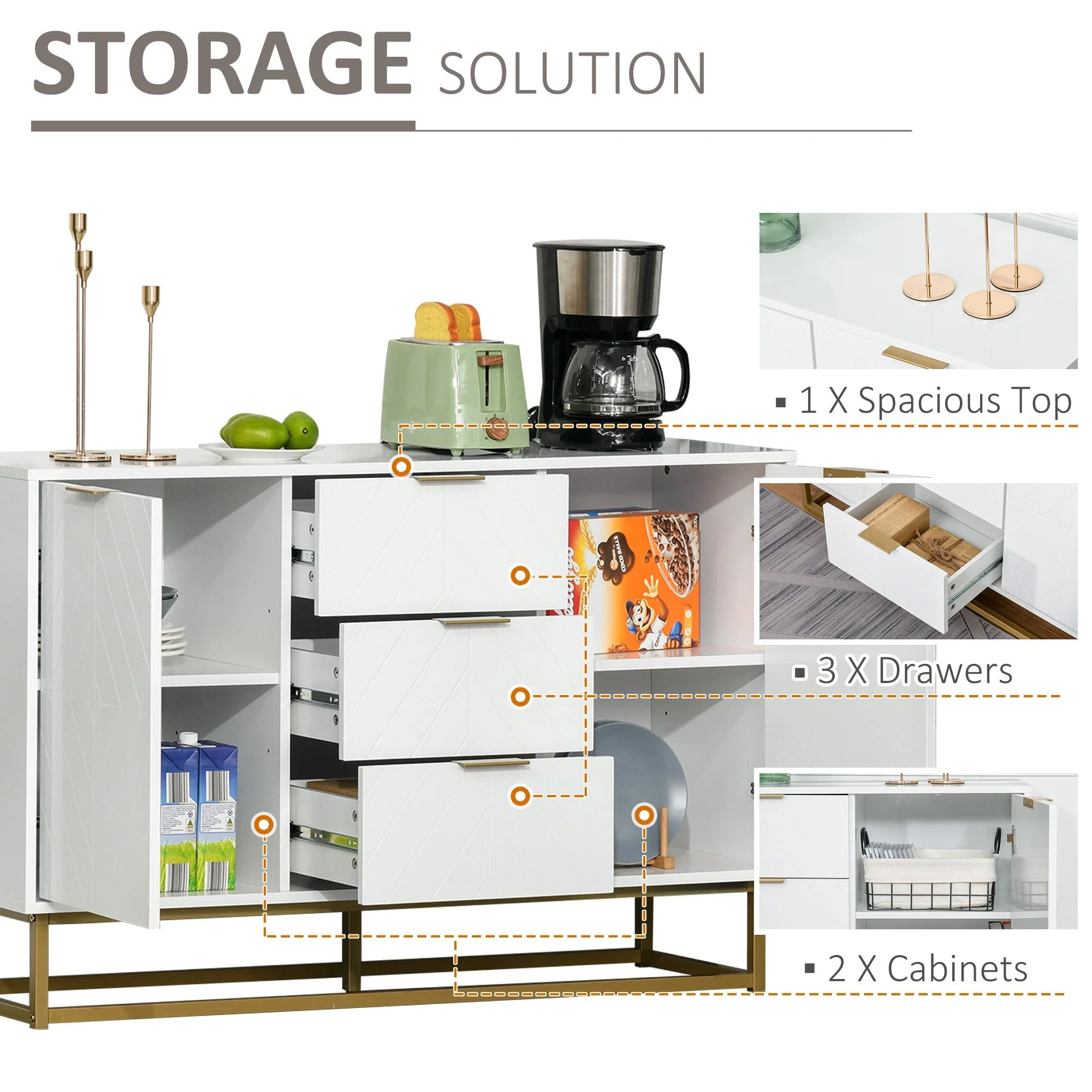 Modern Storage Cabinet Freestanding Cupboard with 3 Drawers for Dining Room - Image 3