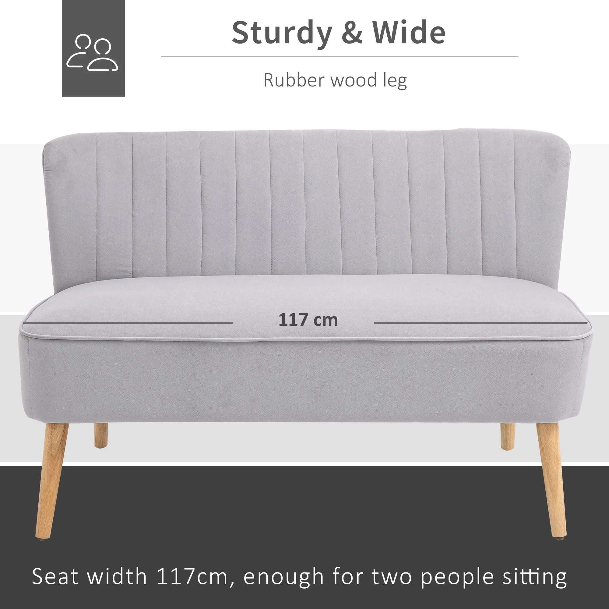 Modern Velvet Double Seat Sofa w/ Wood Frame Foam Padding High Back Soft Comfortable Compact Couch Grey - Image 5