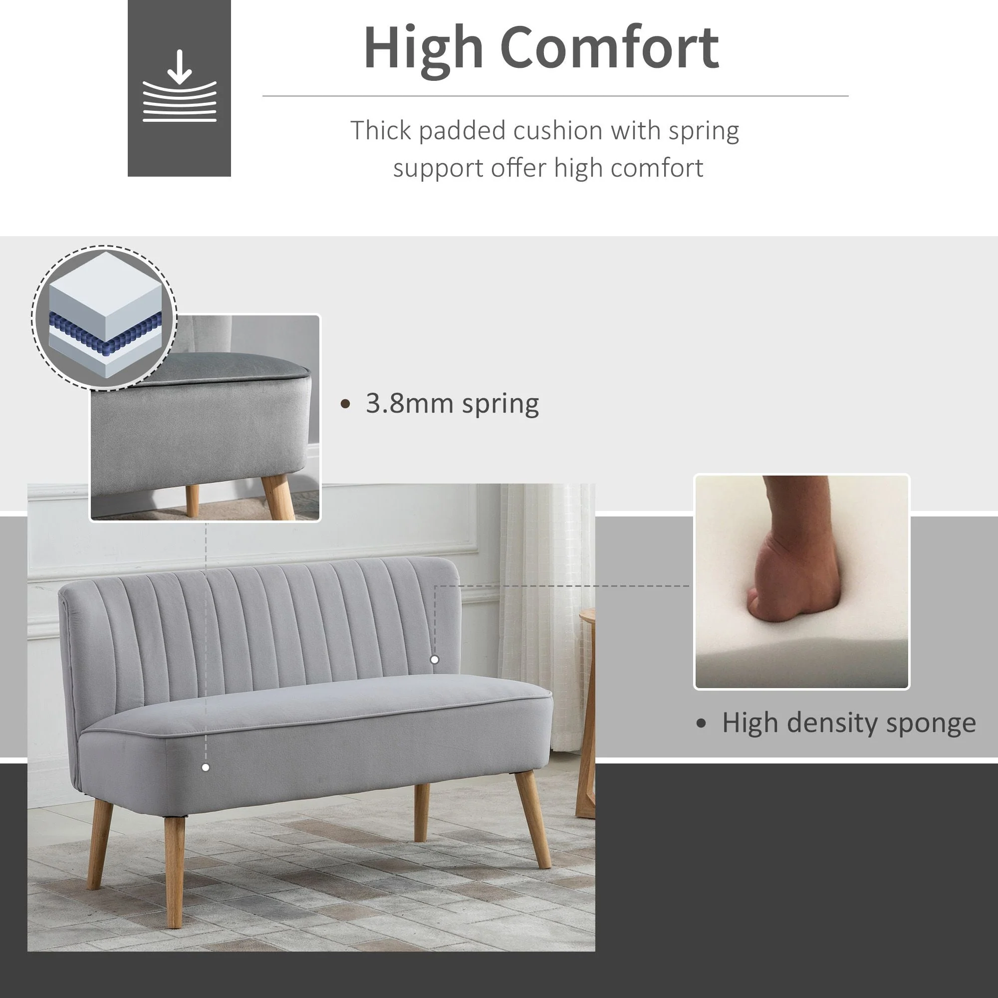 Modern Velvet Double Seat Sofa w/ Wood Frame Foam Padding High Back Soft Comfortable Compact Couch Grey - Image 6