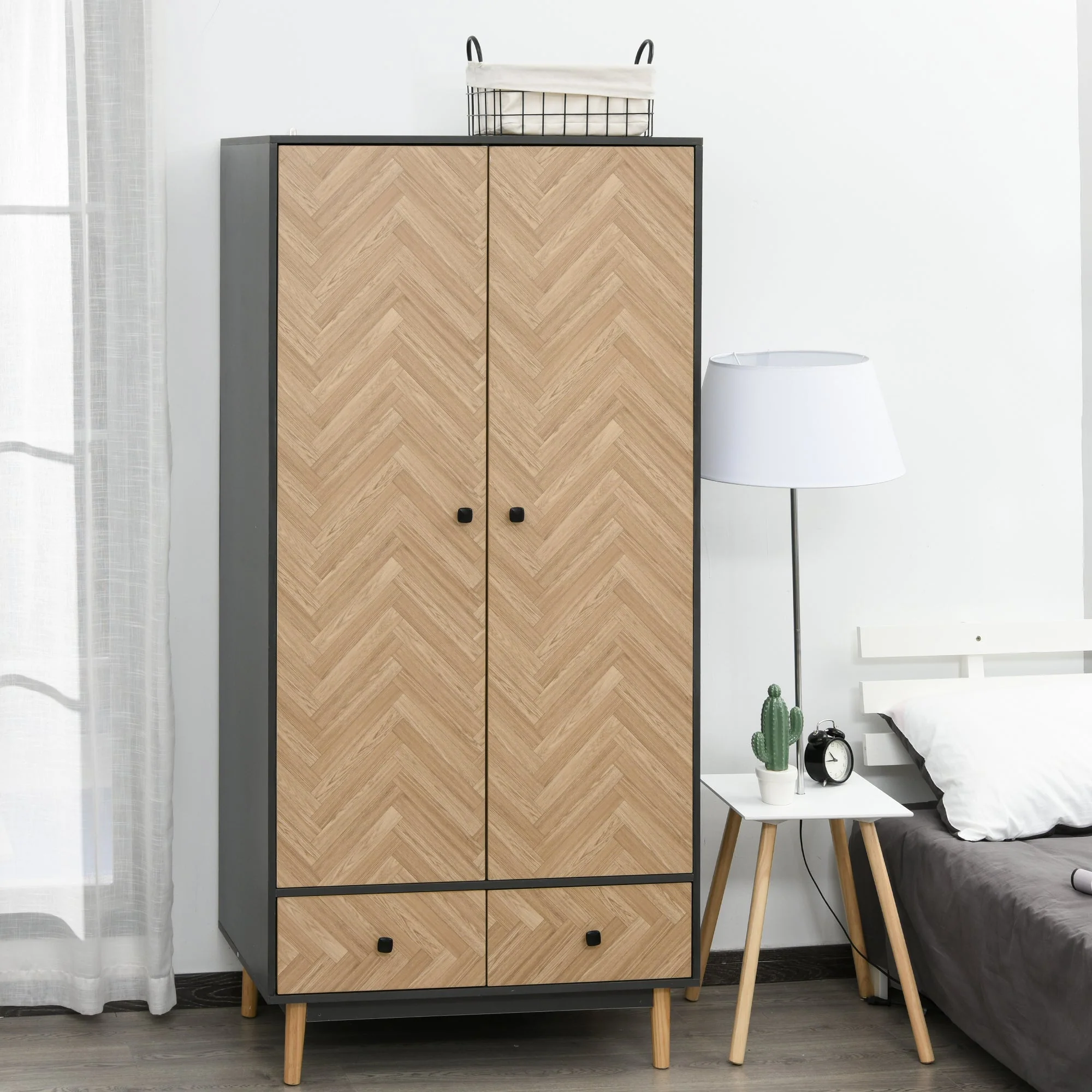 Modern Wardrobe Cabinet Wood Grain Sticker Surface with Shelf - Image 2