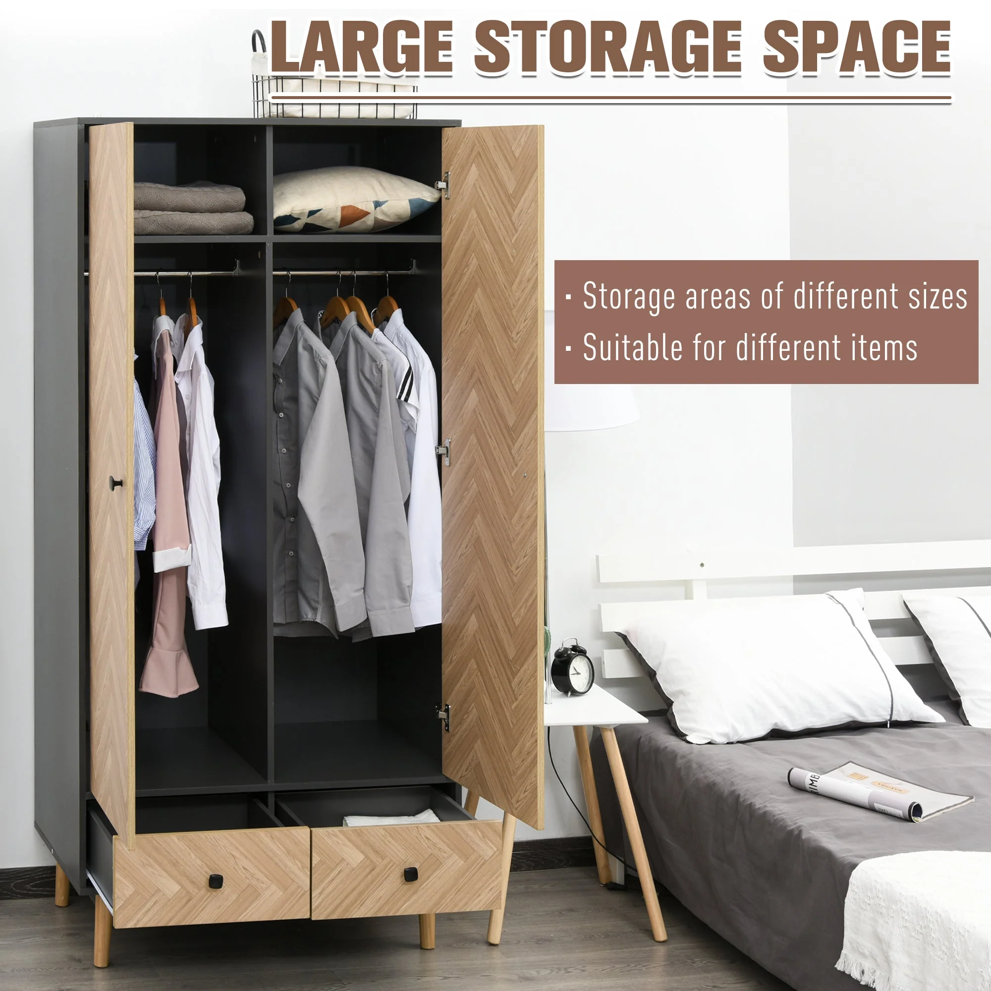 Modern Wardrobe Cabinet Wood Grain Sticker Surface with Shelf - Image 4