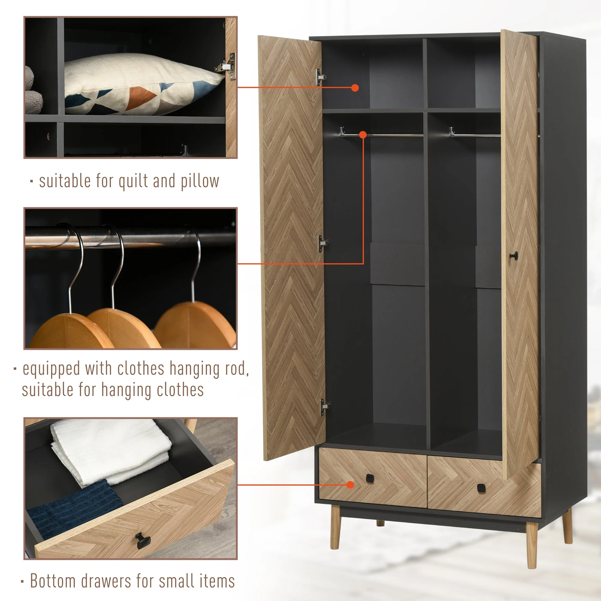 Modern Wardrobe Cabinet Wood Grain Sticker Surface with Shelf - Image 5