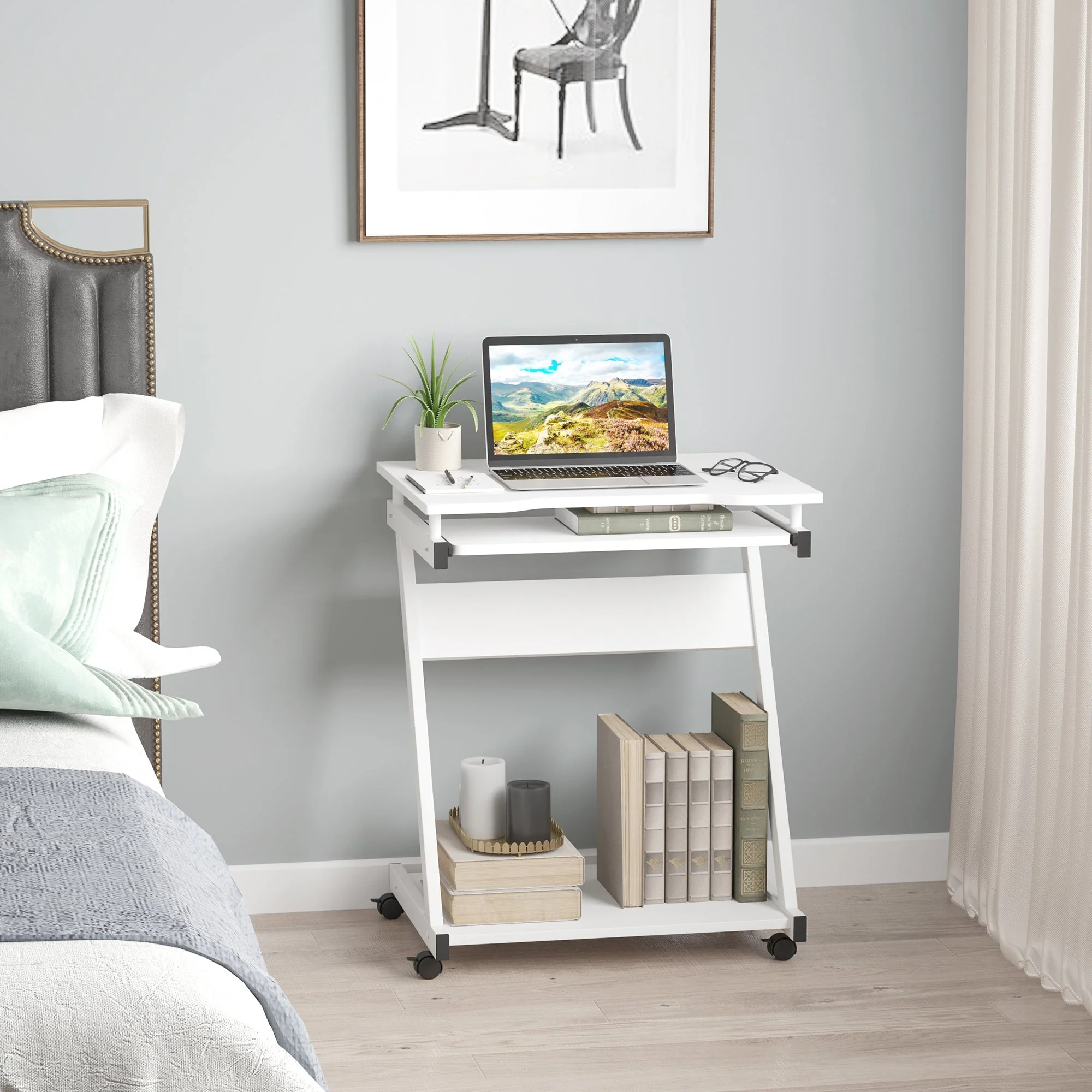 Movable Computer Desk with 4 Moving Wheels Sliding Keyboard Tray Home Office Workstation White - Image 2