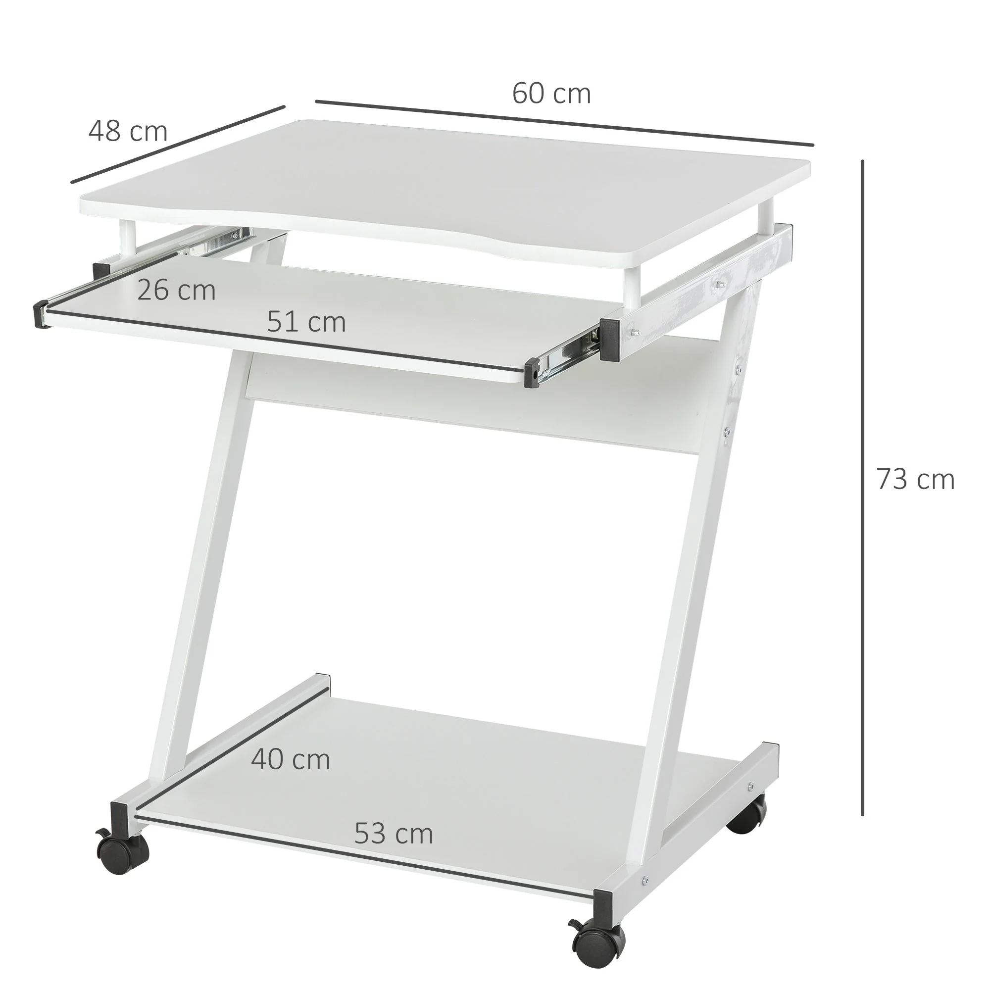 Movable Computer Desk with 4 Moving Wheels Sliding Keyboard Tray Home Office Workstation White - Image 3