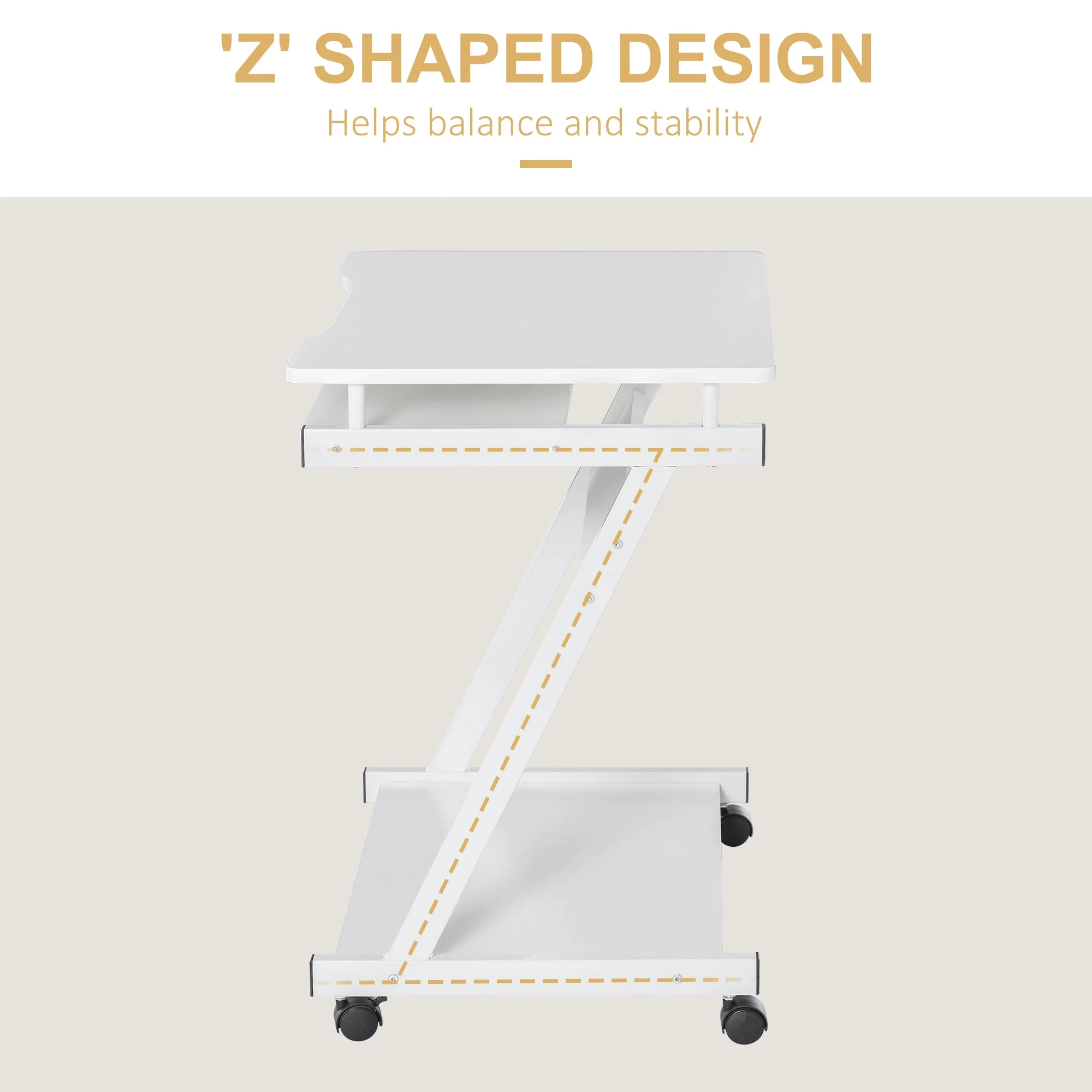 Movable Computer Desk with 4 Moving Wheels Sliding Keyboard Tray Home Office Workstation White - Image 4