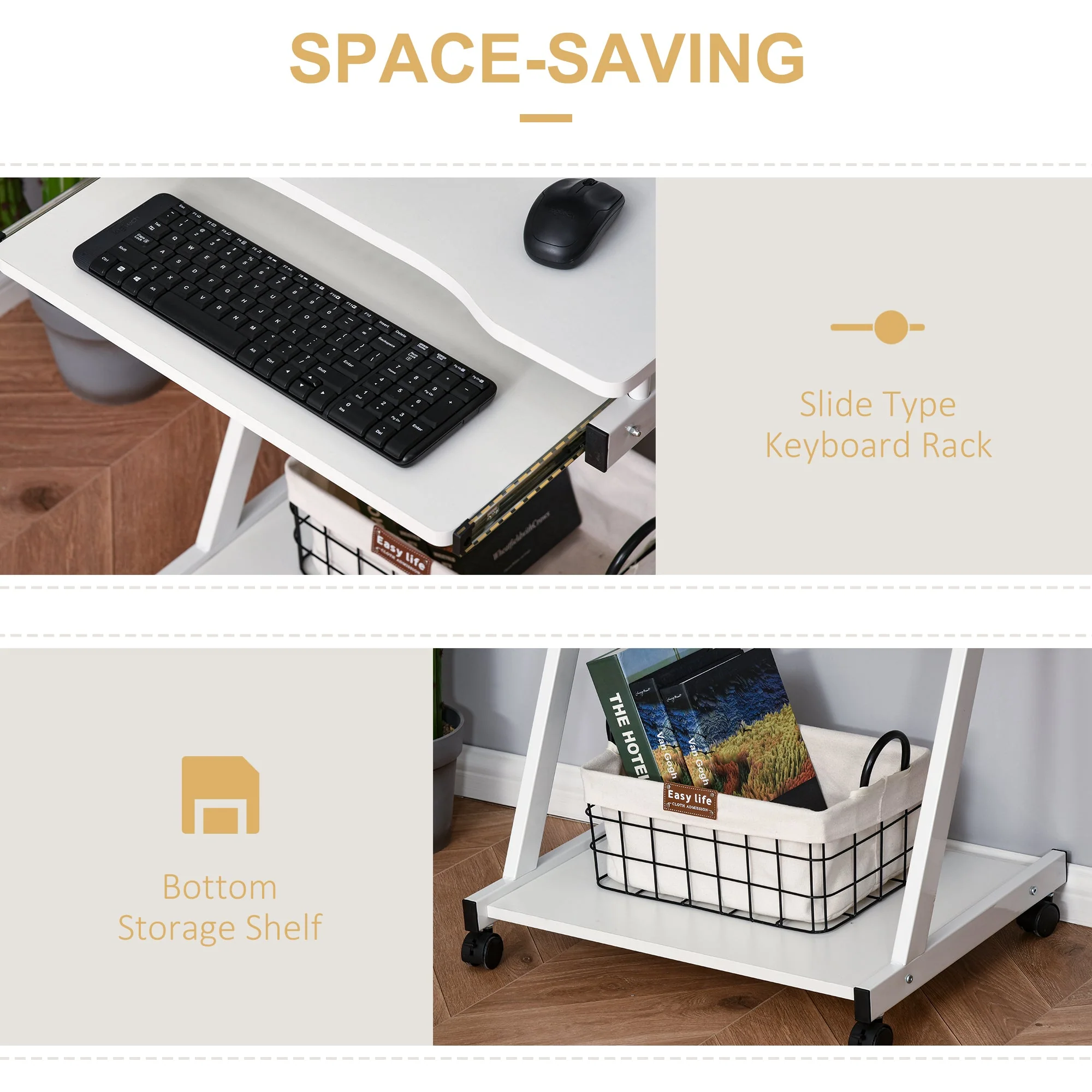 Movable Computer Desk with 4 Moving Wheels Sliding Keyboard Tray Home Office Workstation White - Image 5