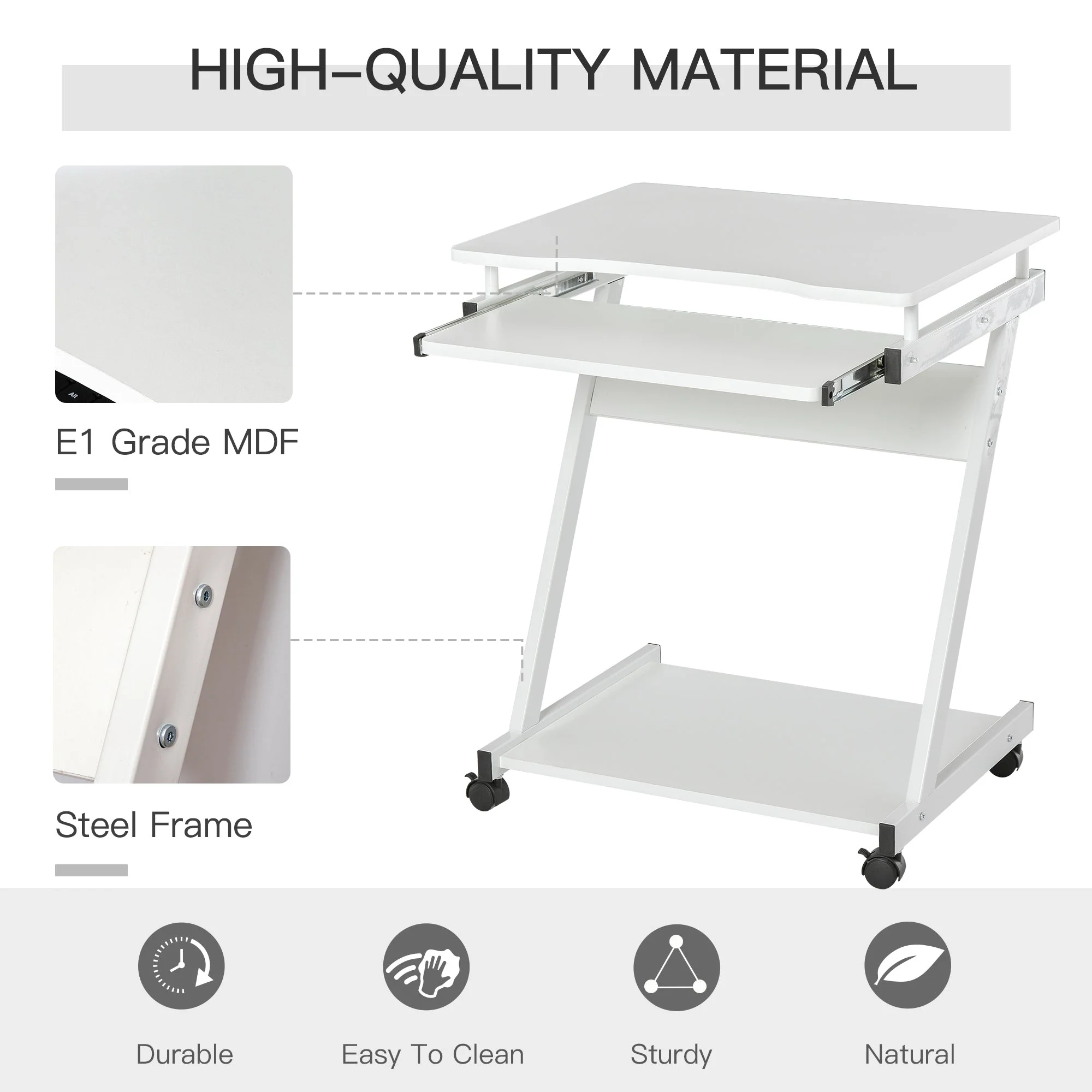 Movable Computer Desk with 4 Moving Wheels Sliding Keyboard Tray Home Office Workstation White - Image 7