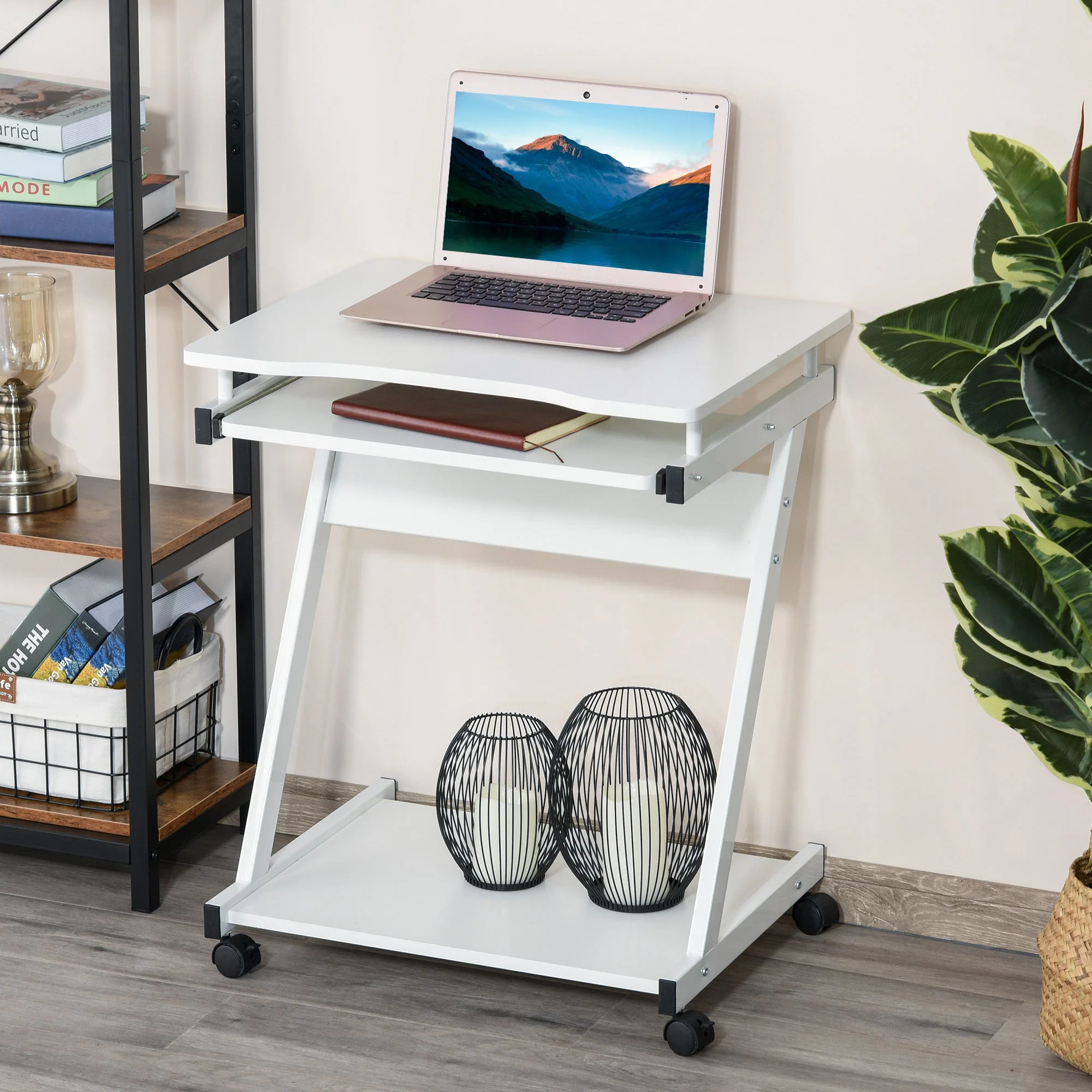Movable Computer Desk with 4 Moving Wheels Sliding Keyboard Tray Home Office Workstation White - Image 8