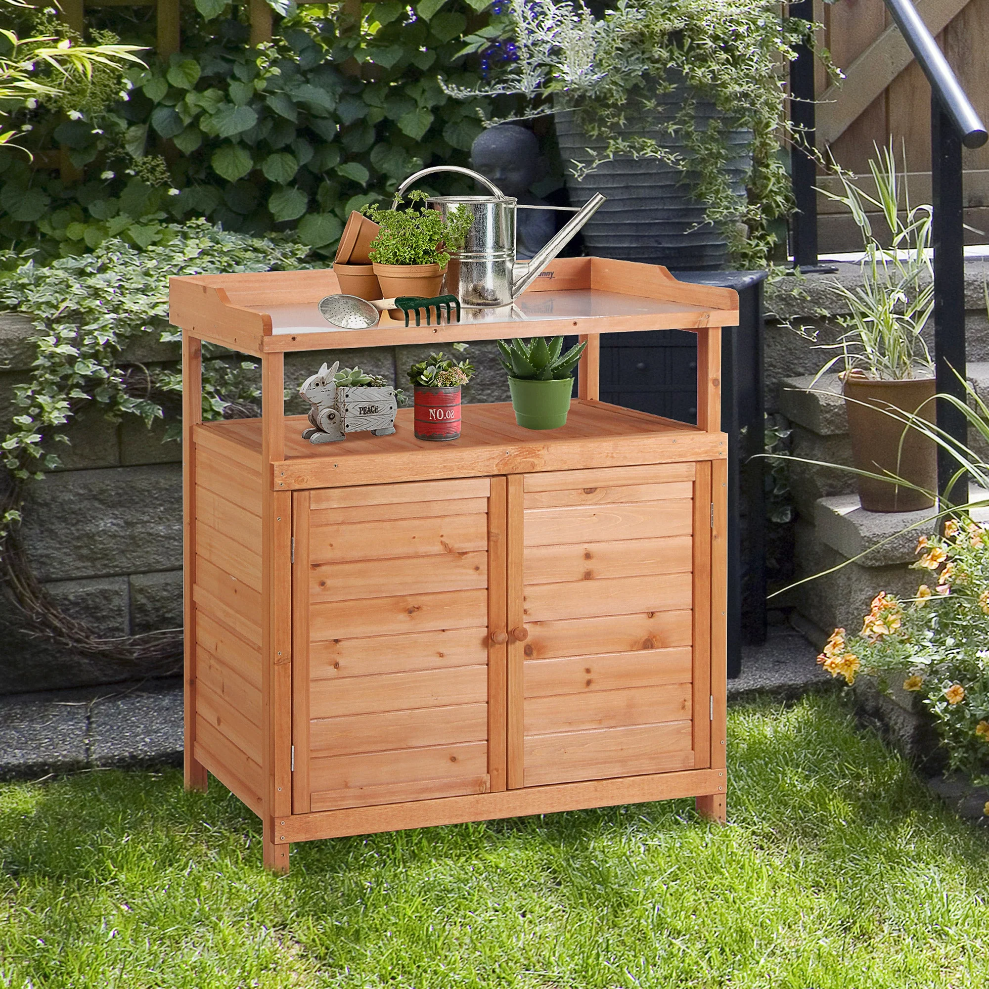 Multi-function Potting Bench Table w/ Storage Cabinet and Galvanized Table Top - Image 8