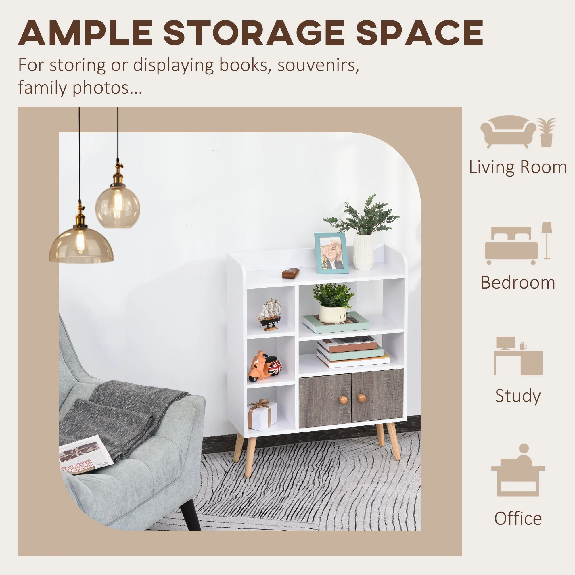 Multi-Shelf Modern Bookcase Freestanding Storage w/ Cabinet 6 Shelves Wood Legs Home Office Display Furniture Stylish White - Image 4