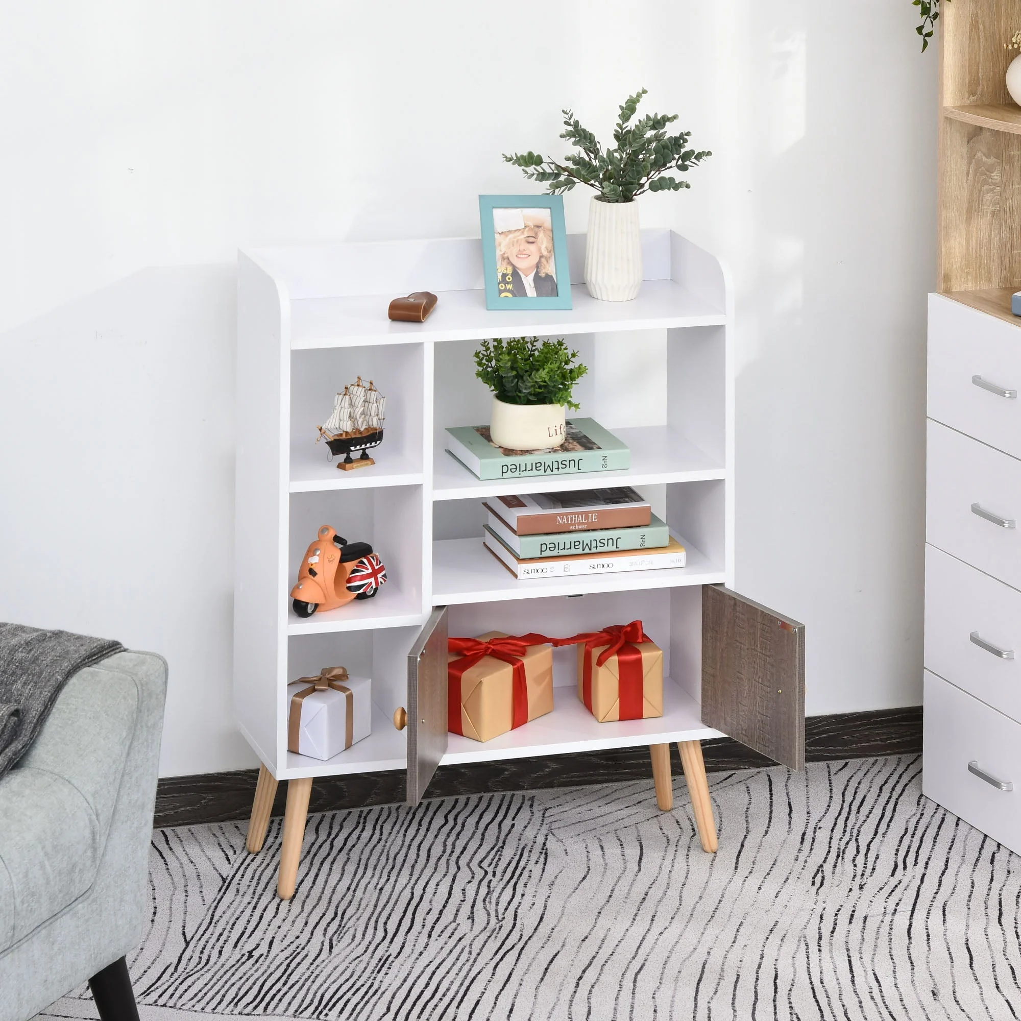 Multi-Shelf Modern Bookcase Freestanding Storage w/ Cabinet 6 Shelves Wood Legs Home Office Display Furniture Stylish White - Image 6