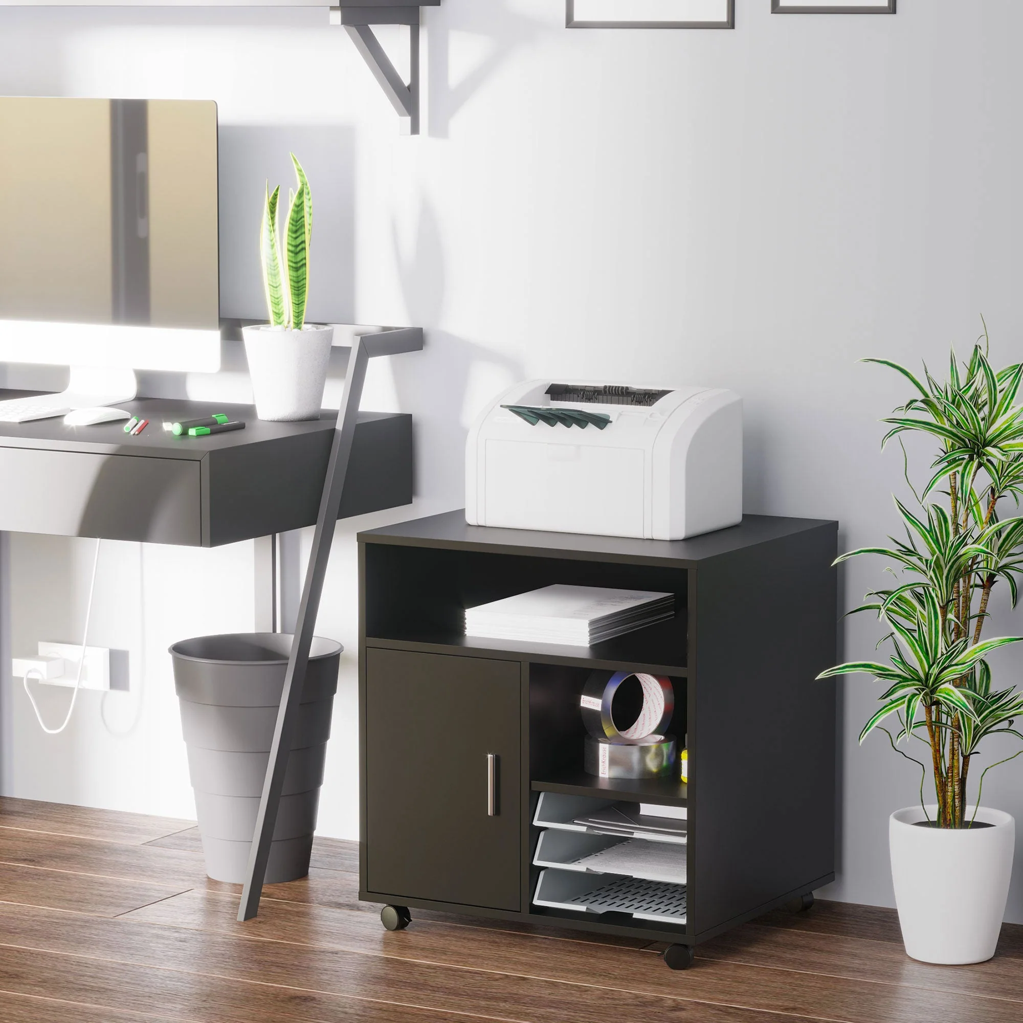 Multi-Storage Printer Stand Unit Office Desk Side Mobile Storage w/ Wheels Modern Style 60L x 50W x 65.5H cm - Black - Image 2