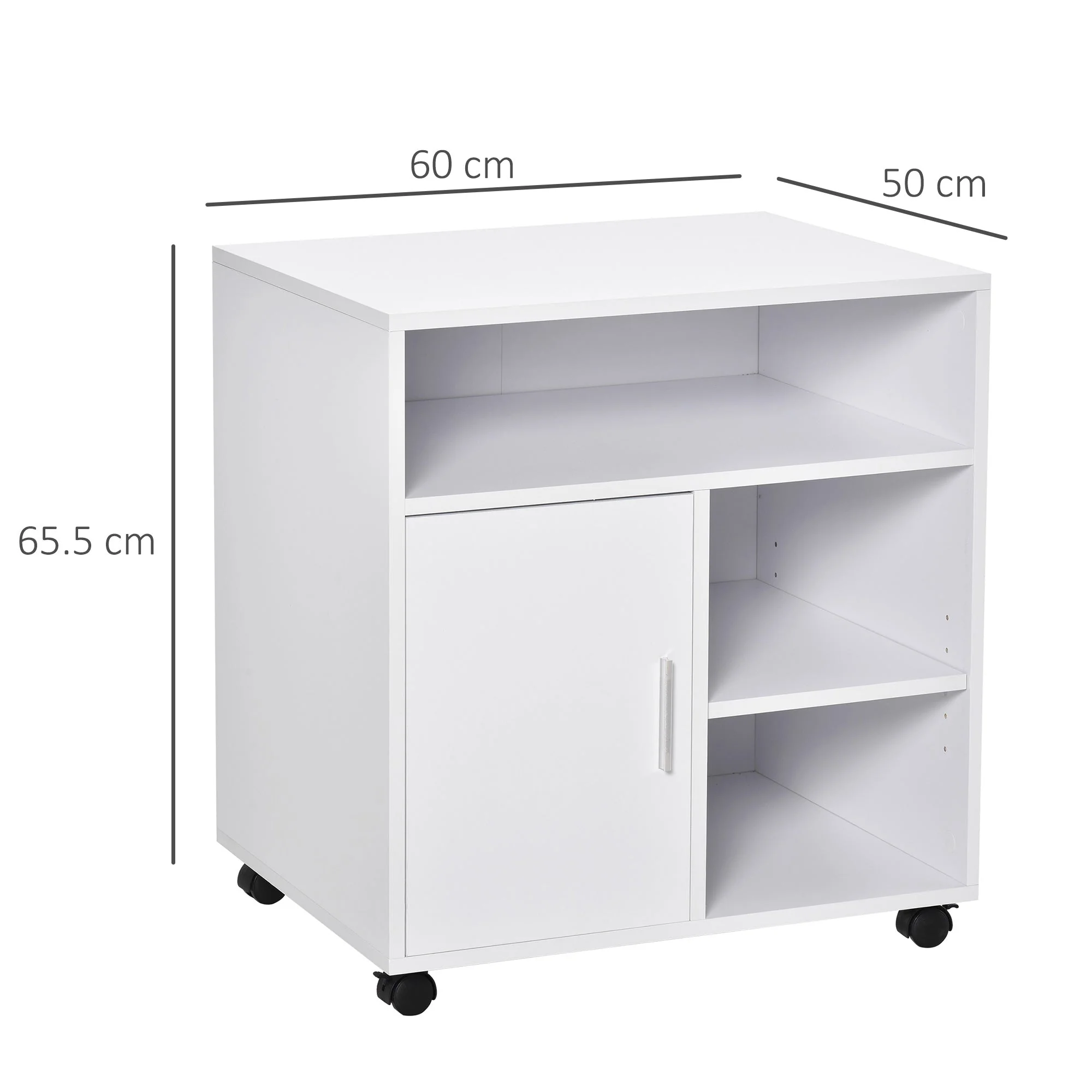 Multi-Storage Printer Stand Unit Office Desk Side Mobile Storage w/ Wheels Modern Style 60L x 50W x 65.5H cm - White - Image 2