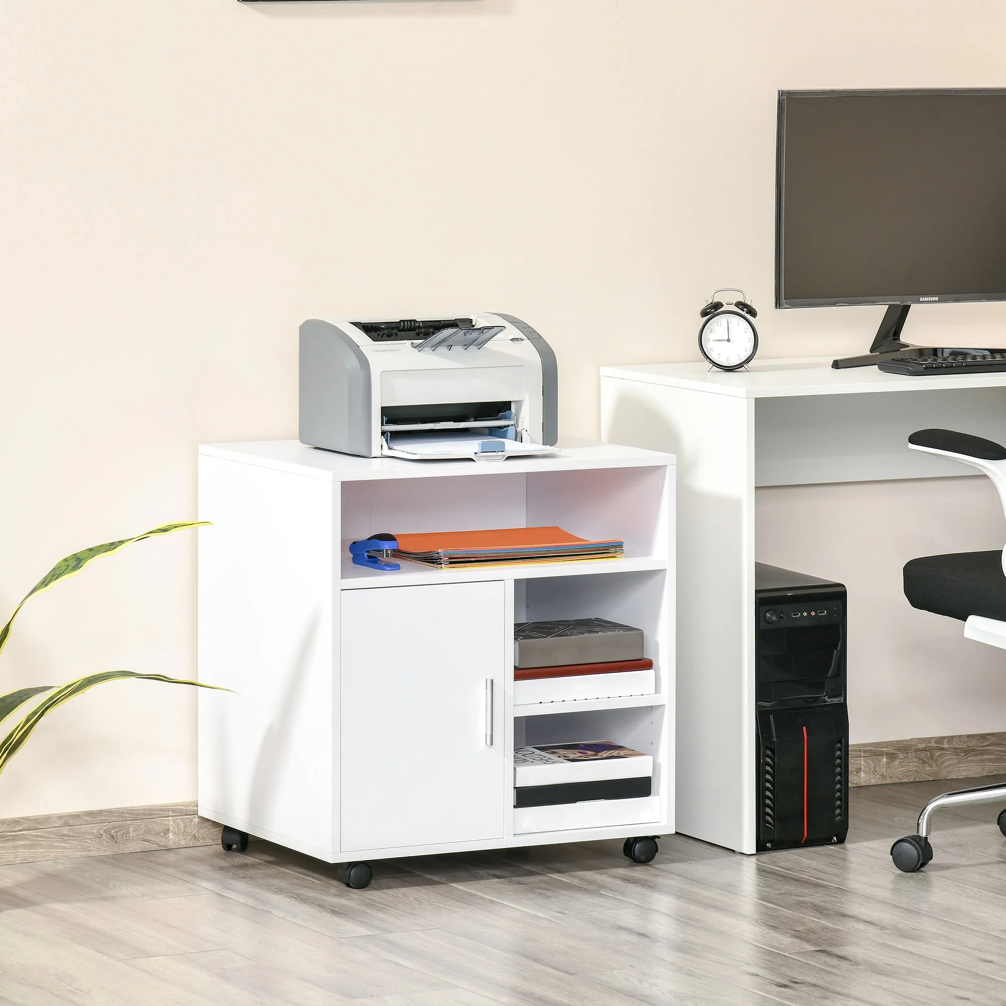 Multi-Storage Printer Stand Unit Office Desk Side Mobile Storage w/ Wheels Modern Style 60L x 50W x 65.5H cm - White - Image 3