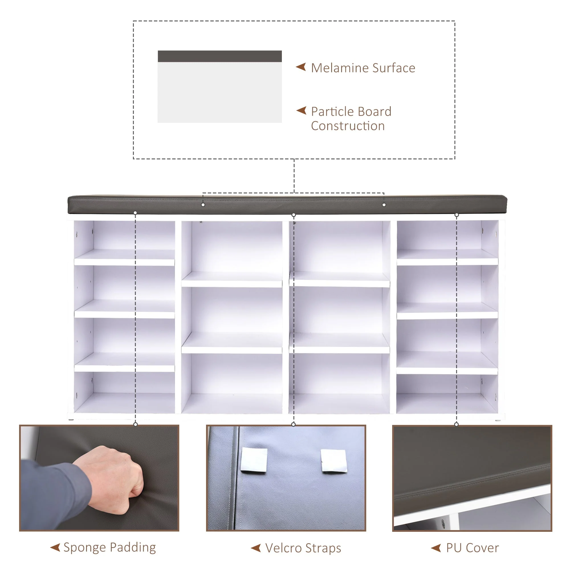Multi-Storage Shoe Rack w/ 14 Compartments Cushion Moving Shelves Solid Frame Foot Pads Home Office Tidy Organisation Boots Trainers White - Image 6
