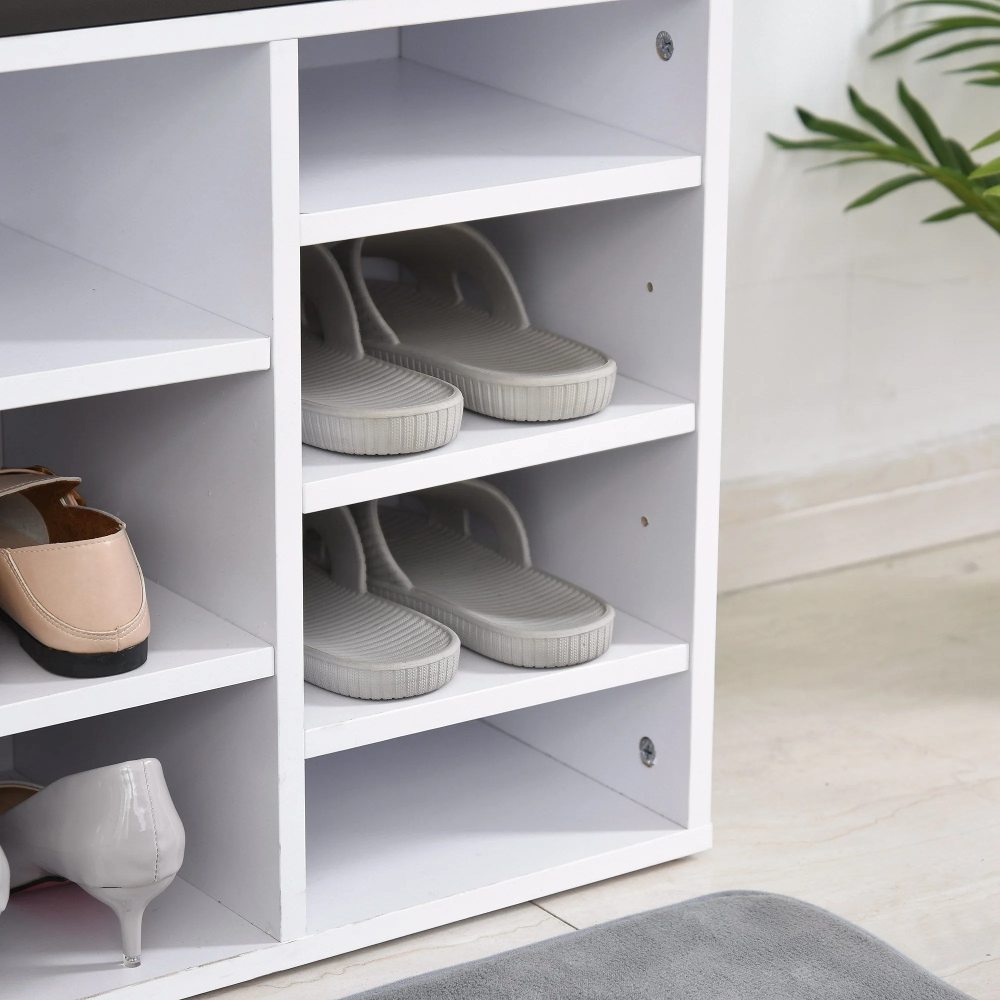 Multi-Storage Shoe Rack w/ 14 Compartments Cushion Moving Shelves Solid Frame Foot Pads Home Office Tidy Organisation Boots Trainers White - Image 8