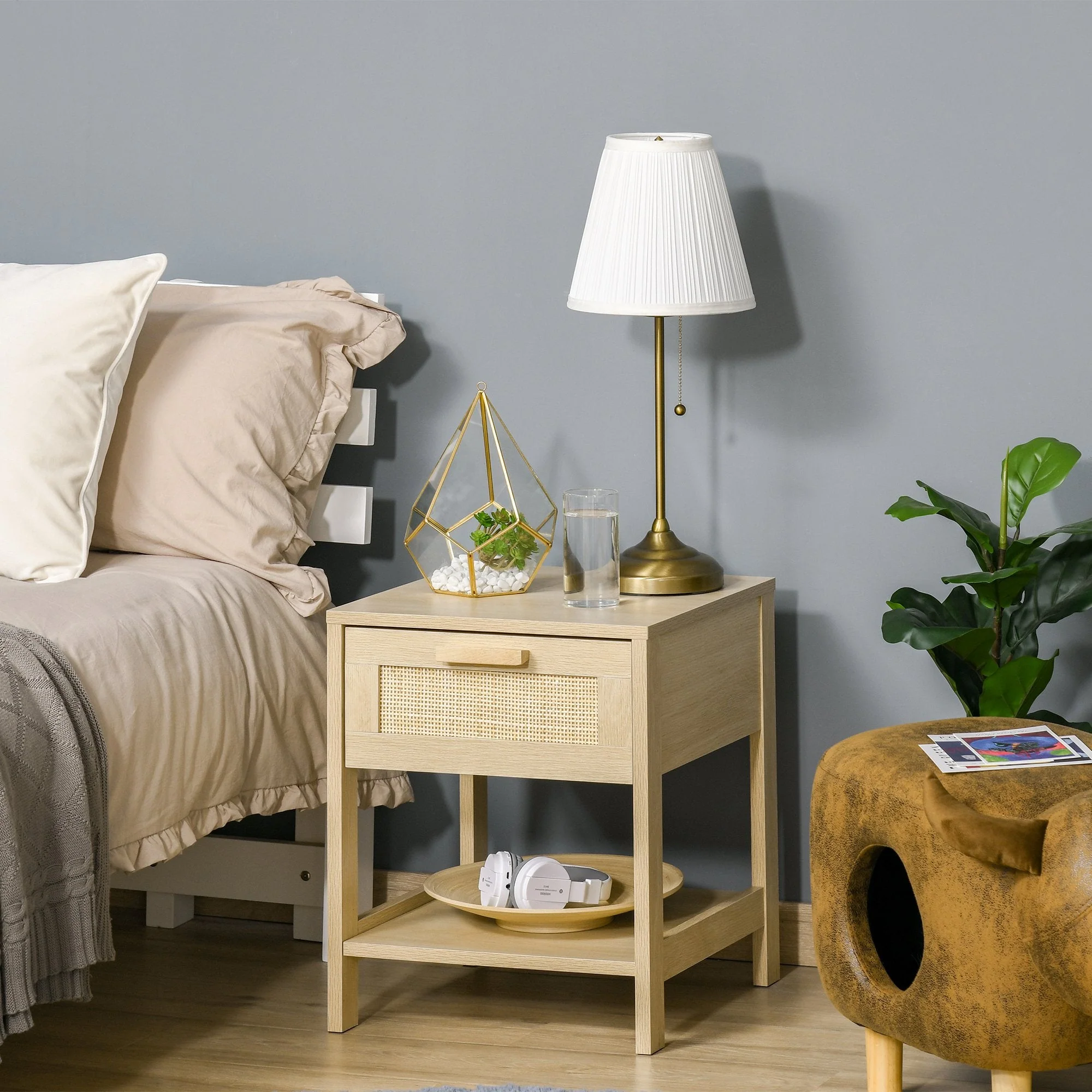 Nightstand with Rattan Drawer and Storage Shelf - Image 2