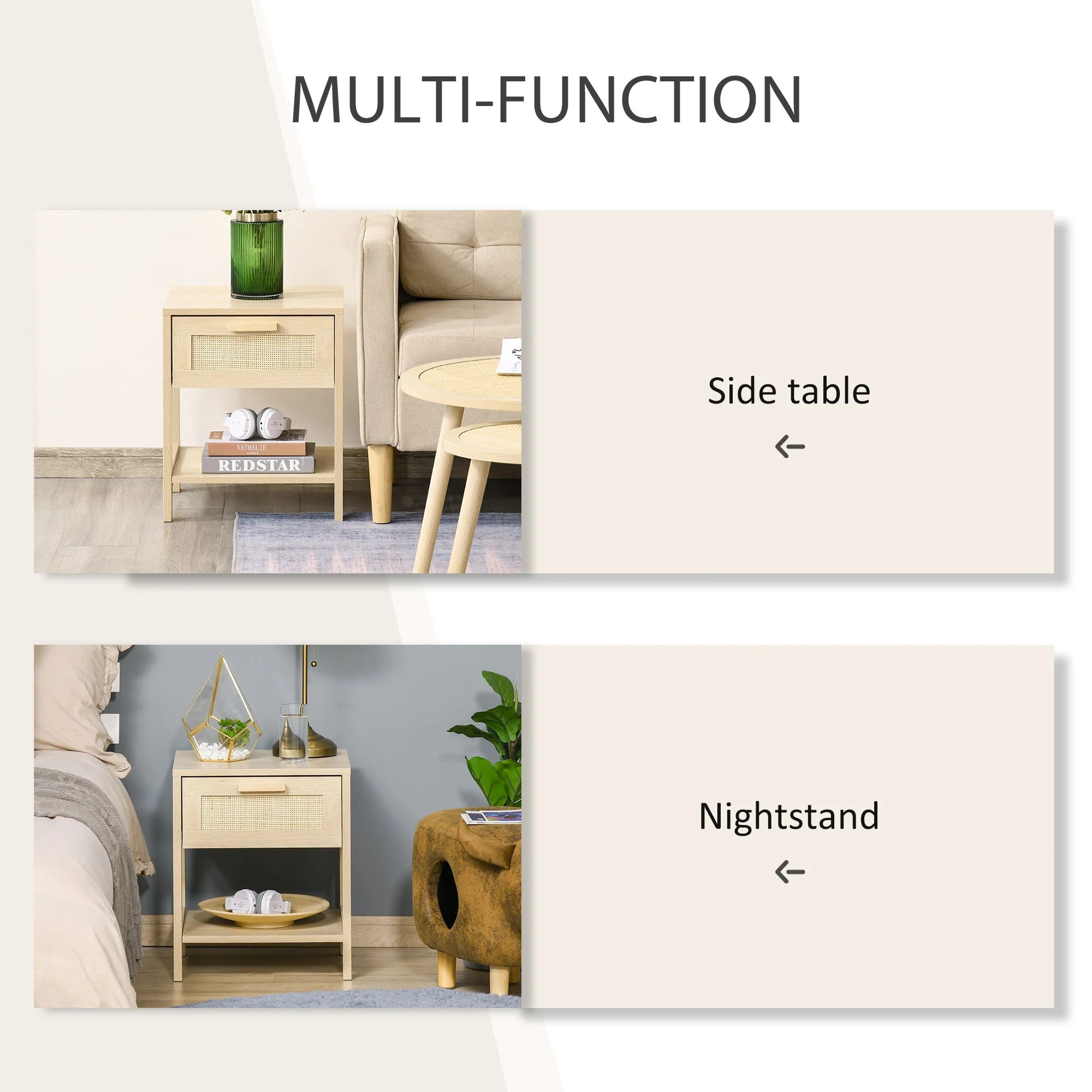 Nightstand with Rattan Drawer and Storage Shelf - Image 7