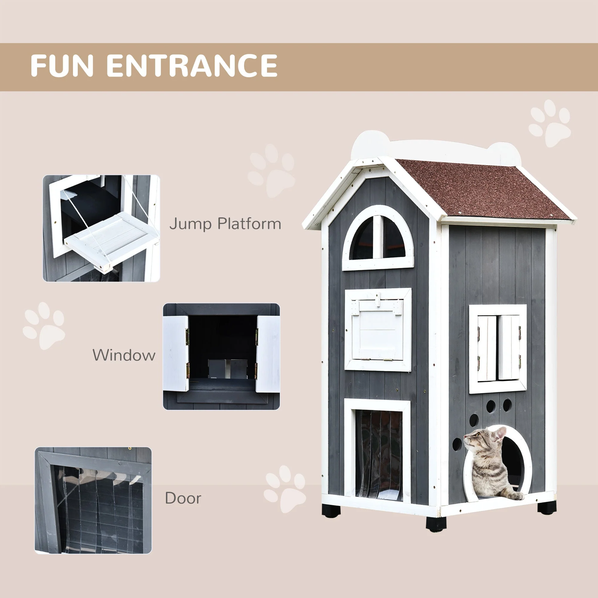 Nordic 109cm Cat House Fir Wood Grey & White by Pawhut - Image 2