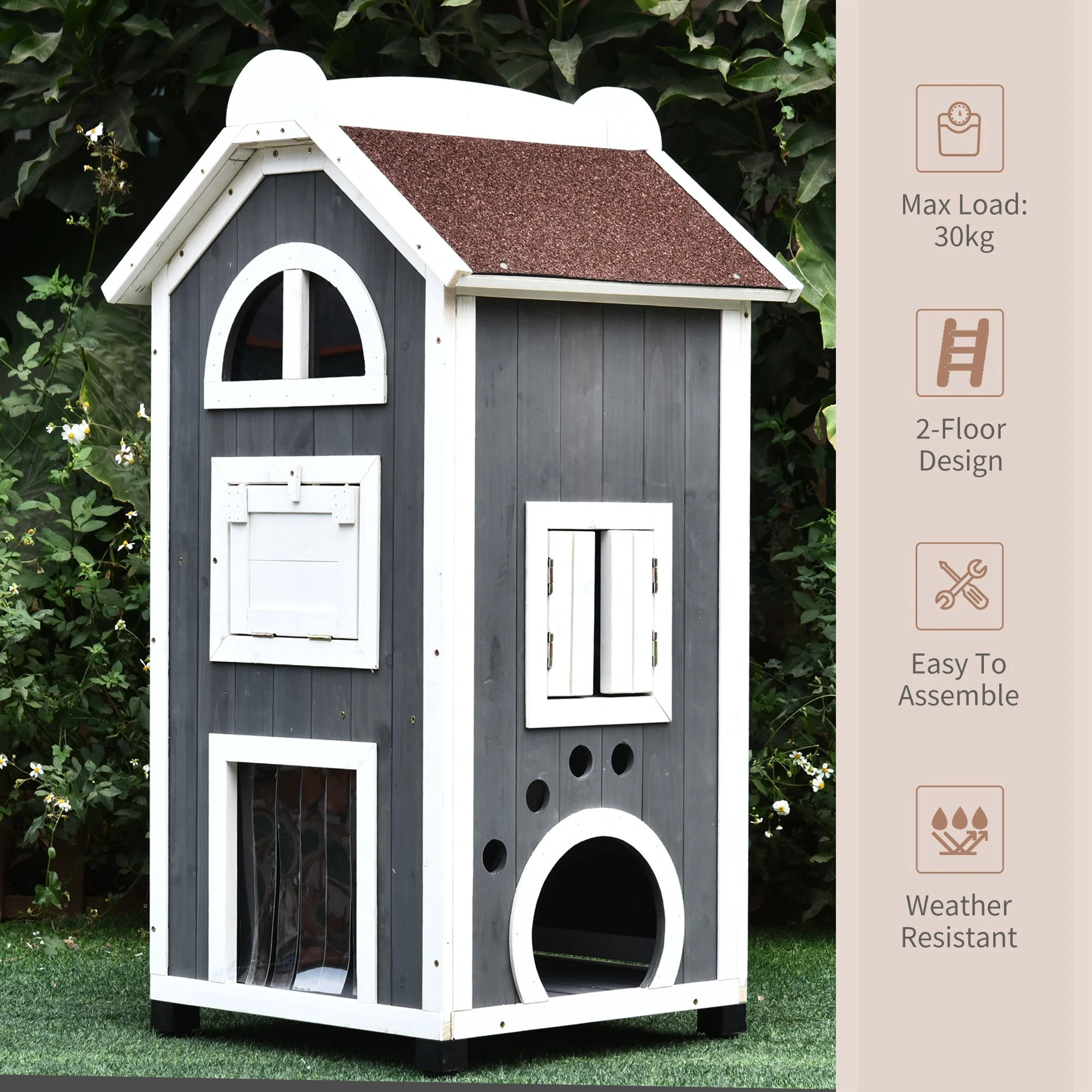 Nordic 109cm Cat House Fir Wood Grey & White by Pawhut - Image 6