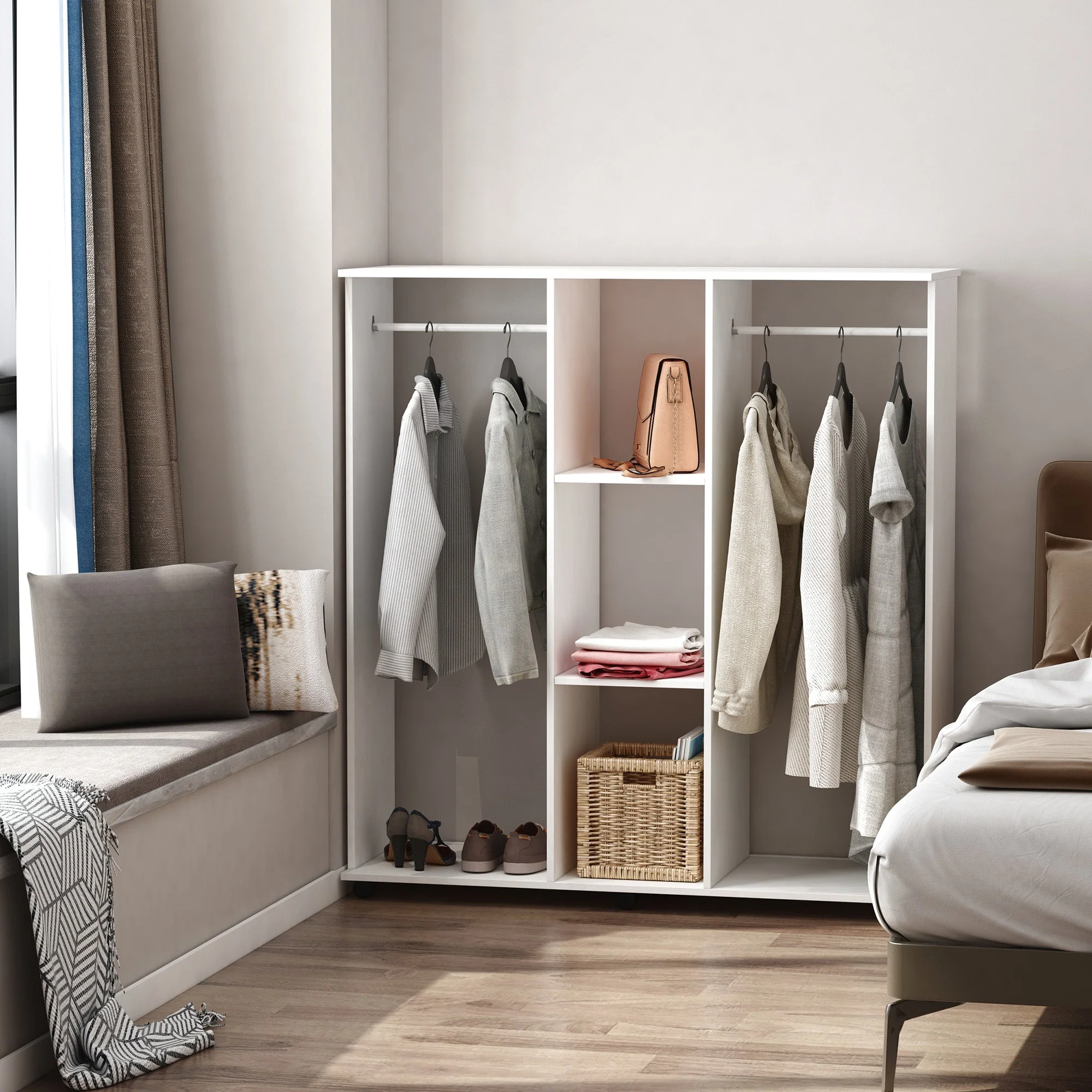 Open Wardrobe Double Mobile Storage Shelves Organizer W/6 Wheels-White - Image 7