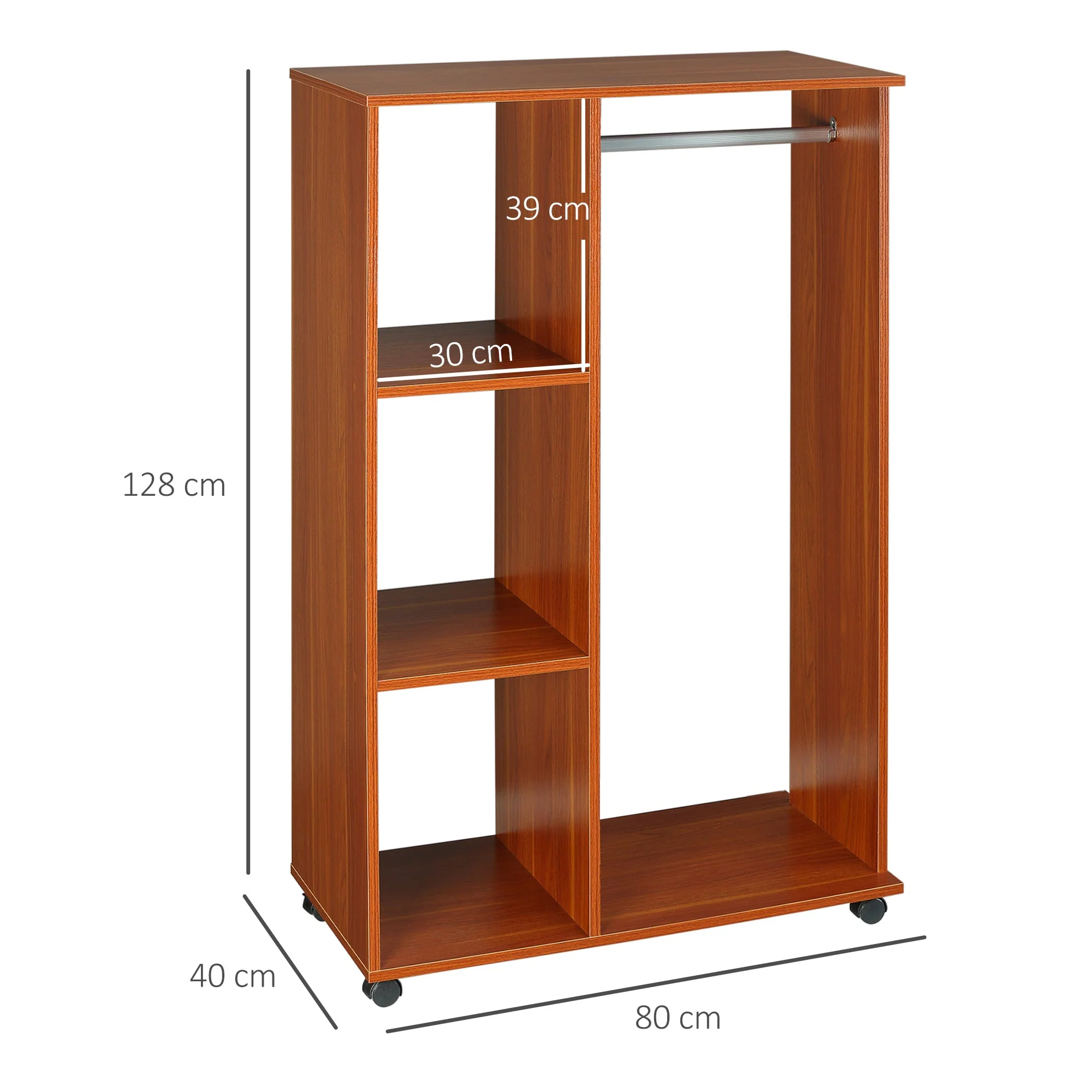 Open Wardrobe with Hanging Rail and Storage Shelves w/Wheels Bedroom-Walnut - Image 2