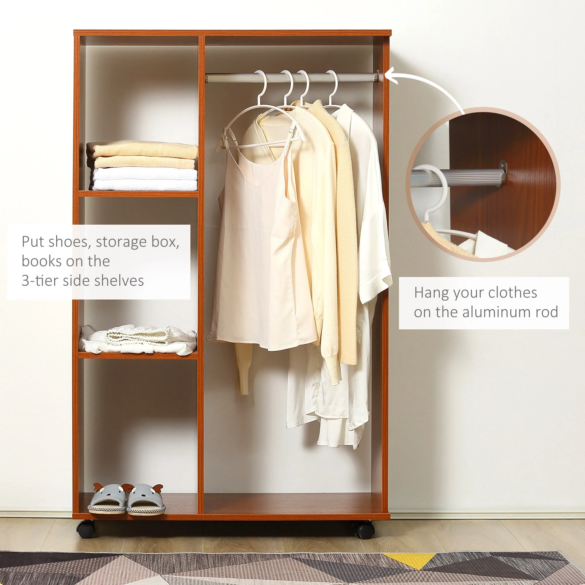 Open Wardrobe with Hanging Rail and Storage Shelves w/Wheels Bedroom-Walnut - Image 3
