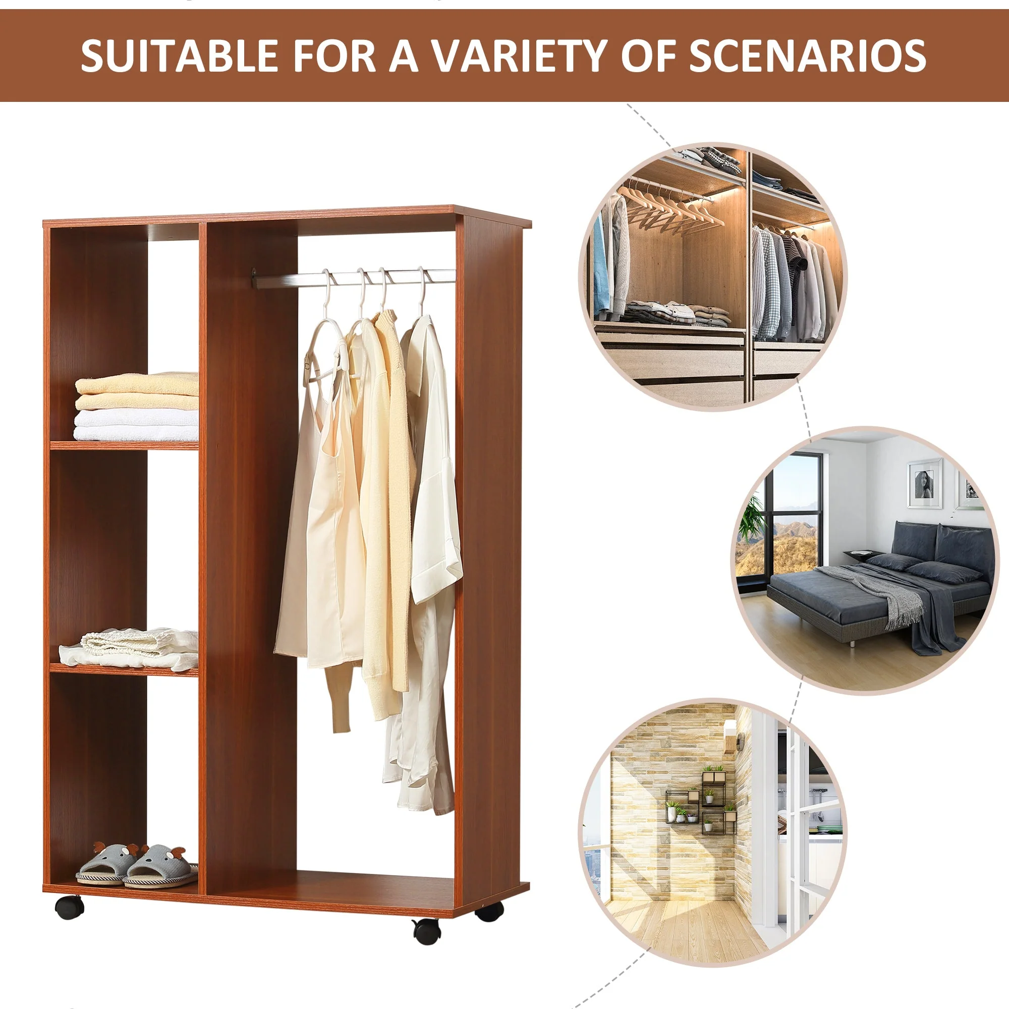 Open Wardrobe with Hanging Rail and Storage Shelves w/Wheels Bedroom-Walnut - Image 6