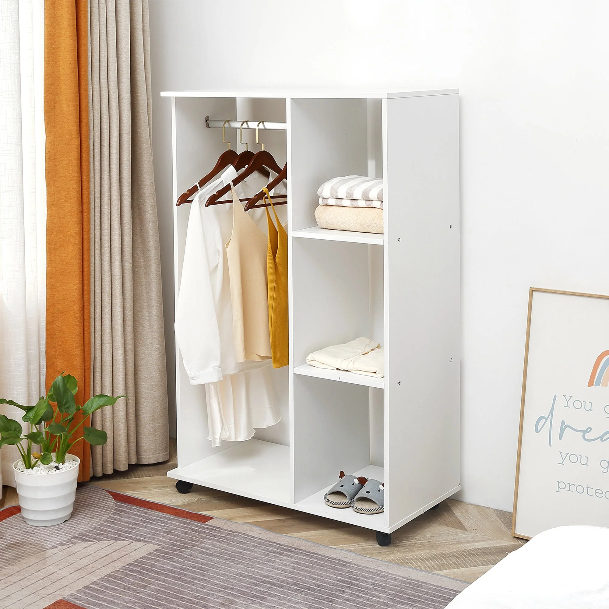 Open Wardrobe with Hanging Rail and Storage Shelves w/Wheels Bedroom-White - Image 2