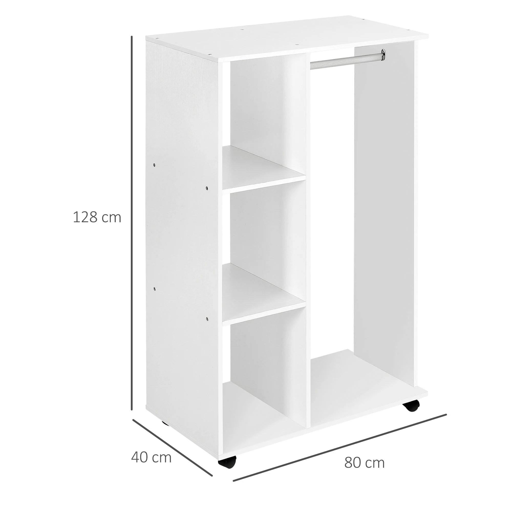 Open Wardrobe with Hanging Rail and Storage Shelves w/Wheels Bedroom-White - Image 3