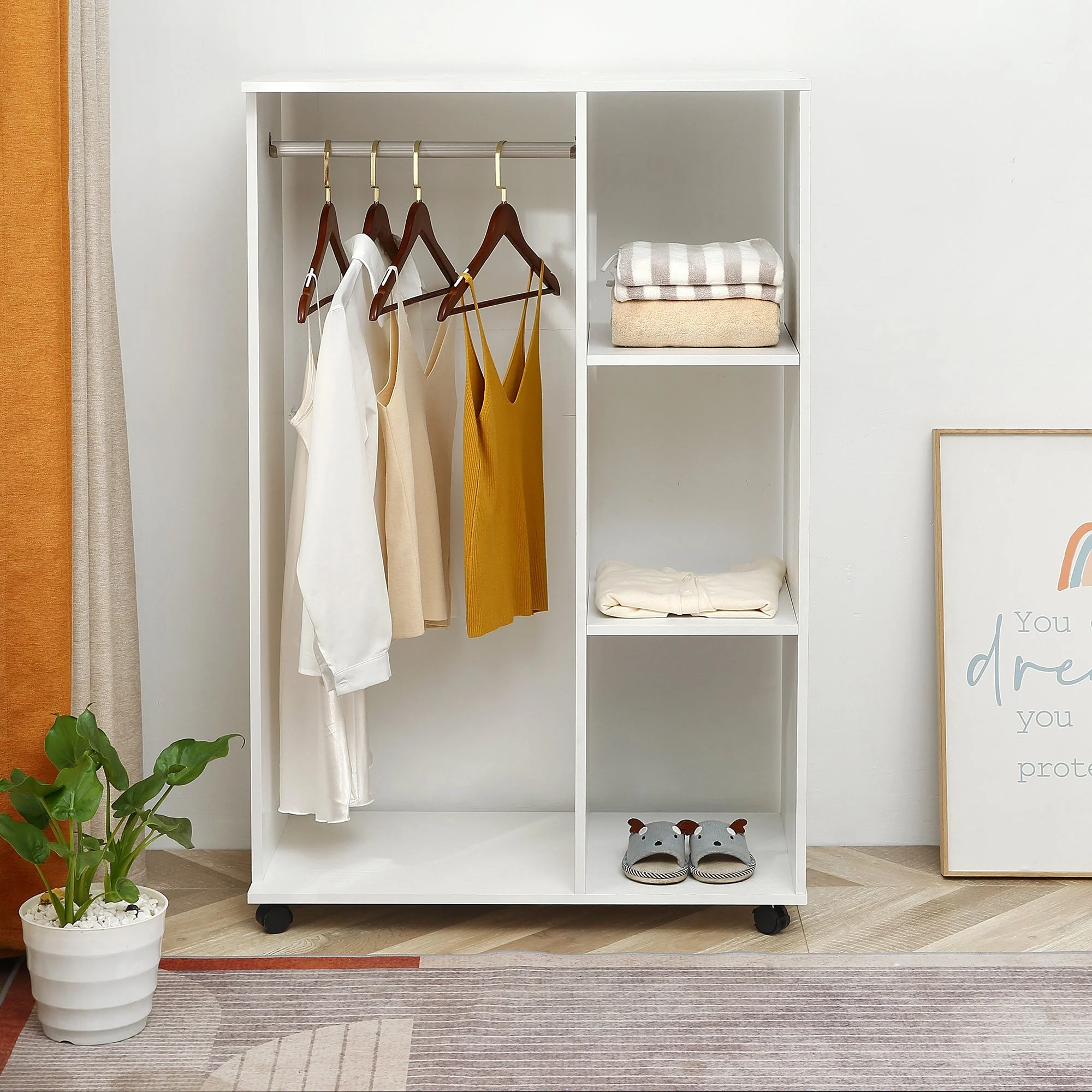 Open Wardrobe with Hanging Rail and Storage Shelves w/Wheels Bedroom-White - Image 7