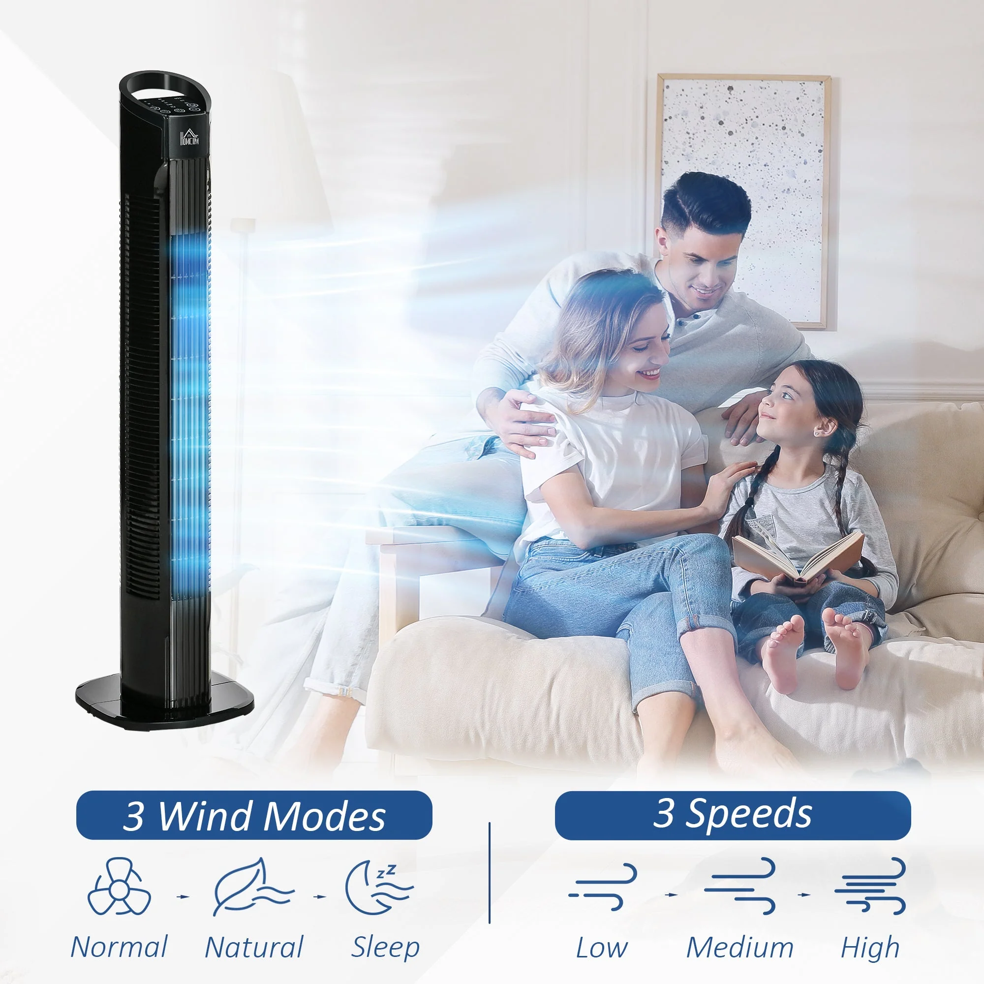 Oscillating Three Speed Tower Fan With Timer & Remote Control Black - Image 5
