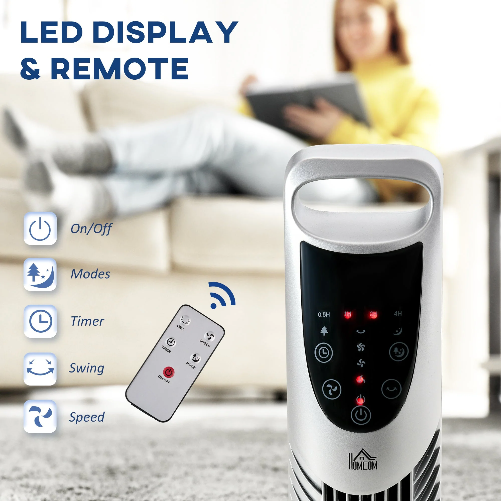 Oscillating Three Speed Tower Fan With Timer & Remote Control Silver - Image 4