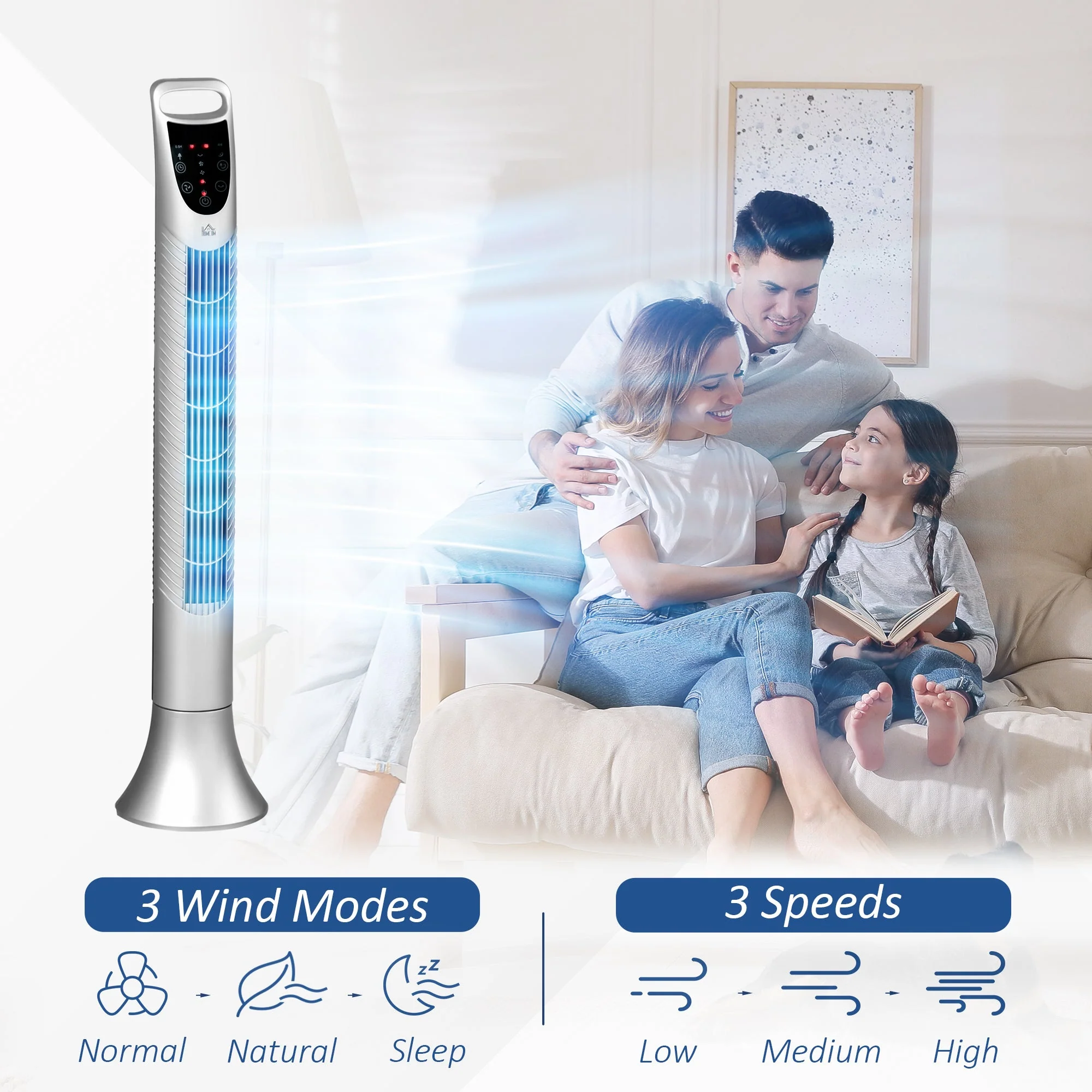 Oscillating Three Speed Tower Fan With Timer & Remote Control Silver - Image 5