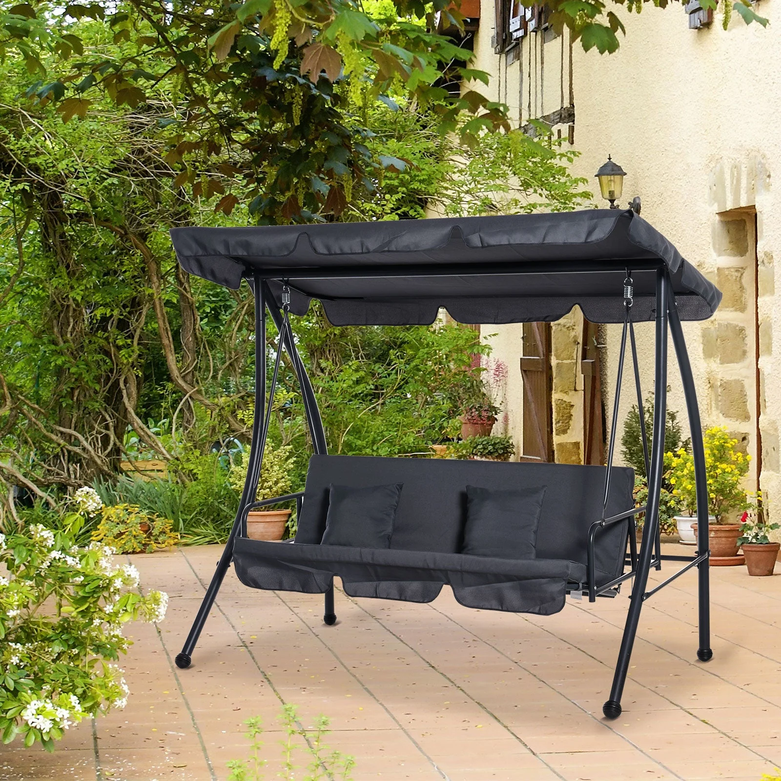 Outdoor 2-in-1 Patio Swing Chair Lounger 3 Seater Garden Swing Seat Bed Hammock Bed Convertible Tilt Canopy W/ Cushion - Image 2