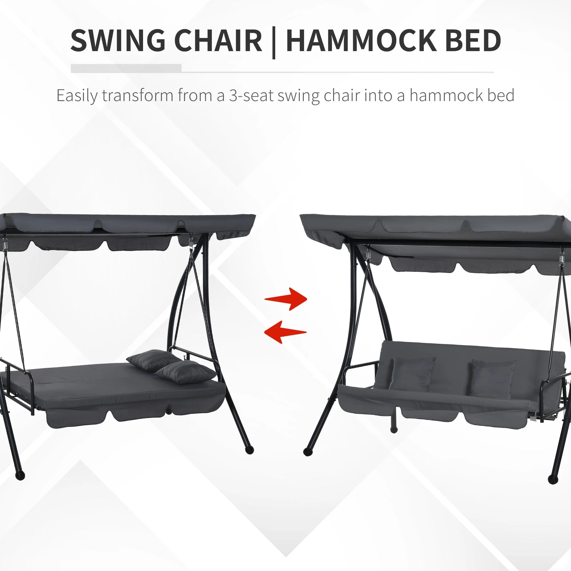 Outdoor 2-in-1 Patio Swing Chair Lounger 3 Seater Garden Swing Seat Bed Hammock Bed Convertible Tilt Canopy W/ Cushion - Image 4