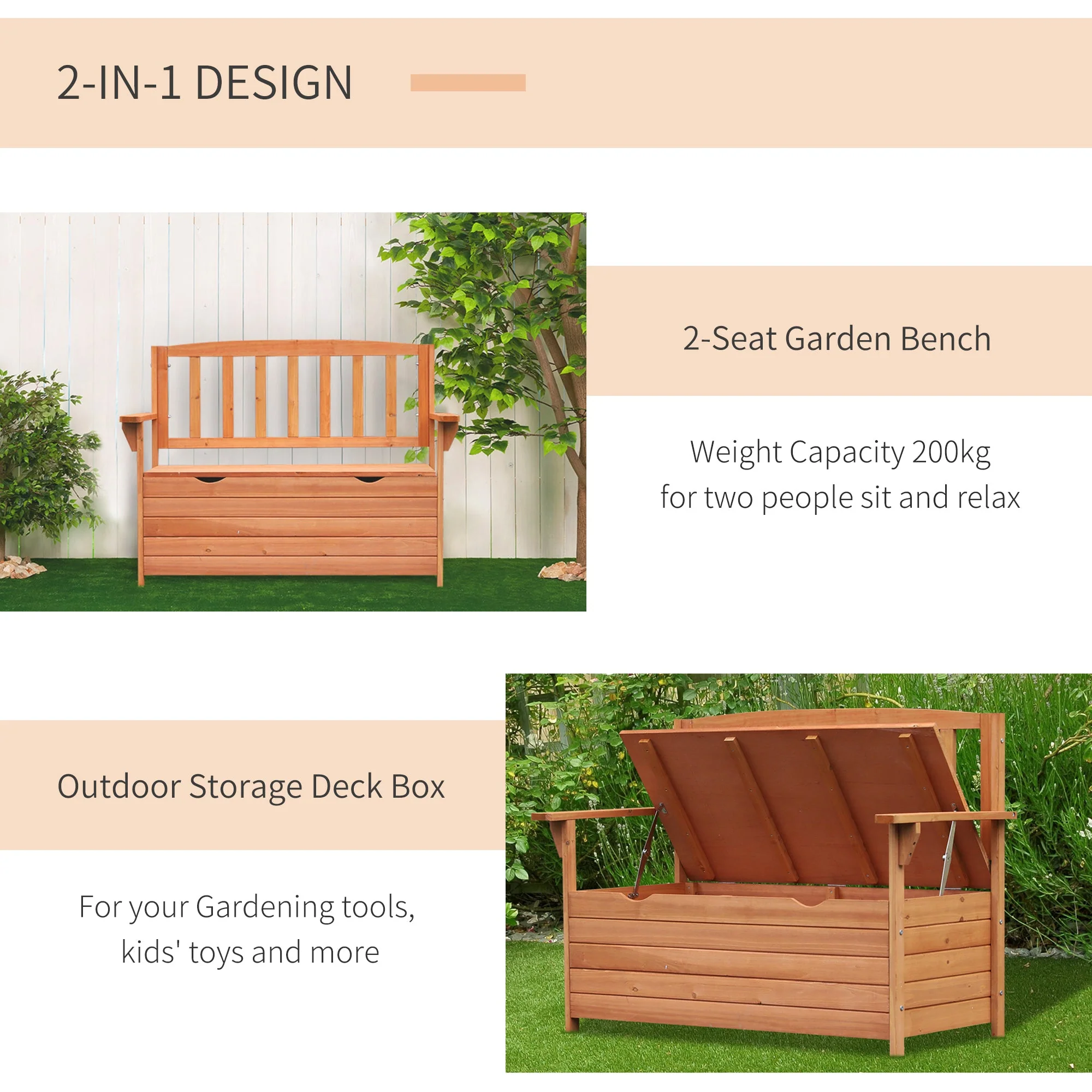 Outdoor 2 Seater Garden Wooden Storage Bench Box Patio Seating Furniture Chair 112L x 84H x 58W cm - Image 3